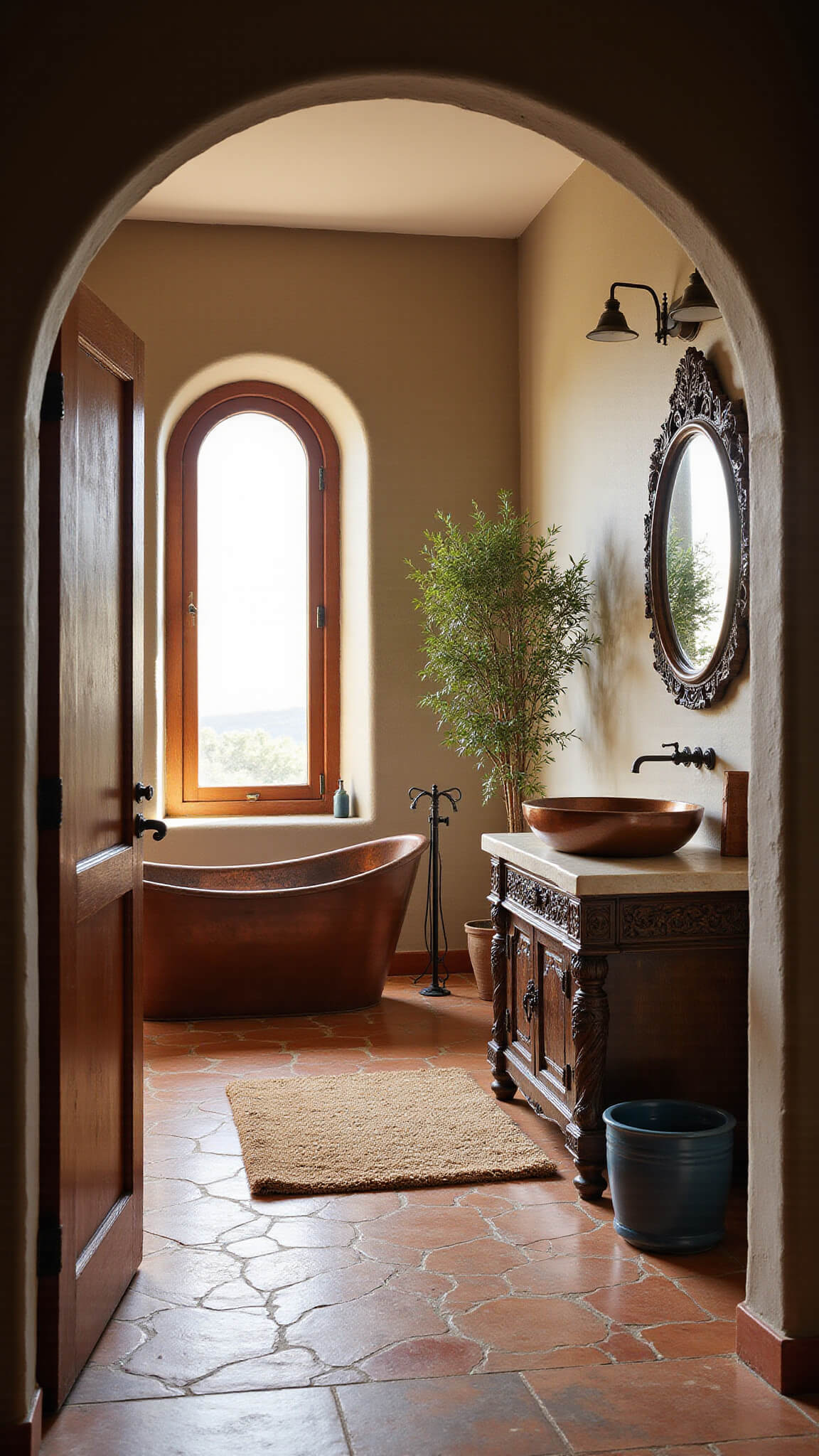 Mediterranean bathroom with copper soaking tub, arched windows, textured grey walls, terracotta tile floor, and wrought-iron vanity bathed in golden hour light.