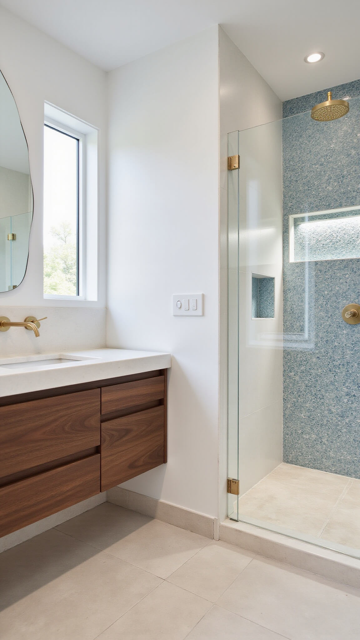 Modern Mediterranean wet room with glass partition, floating walnut vanity, cream limestone floors, and blue geometric tile feature wall, bathed in morning light.