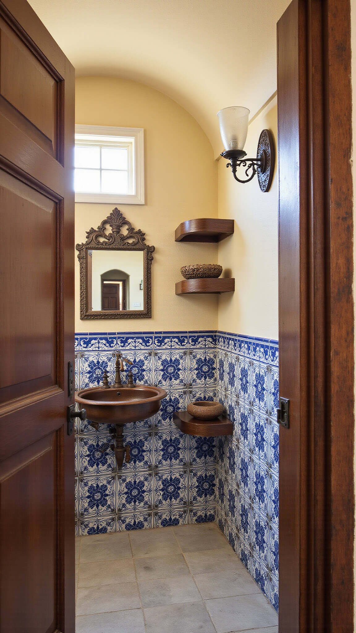 Mediterranean powder room with barrel-vaulted ceiling, antique copper sink, hand-painted blue and white tiles, ivory plaster walls, arched window, and Moorish pendant lamp.