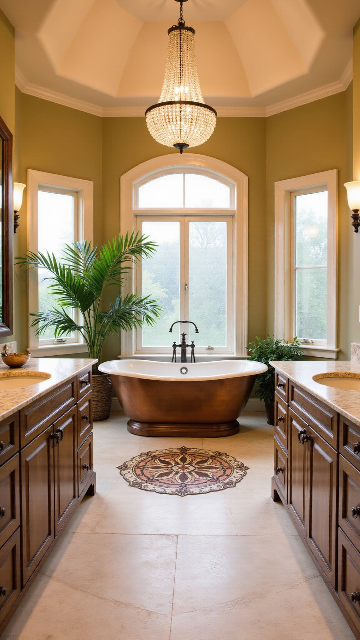 Luxurious Mediterranean master bath with domed ceiling, copper freestanding tub beneath crystal chandelier, custom olive wood double vanity, honey travertine tiles, mosaic floor medallion, and soft morning light through arched frosted windows.