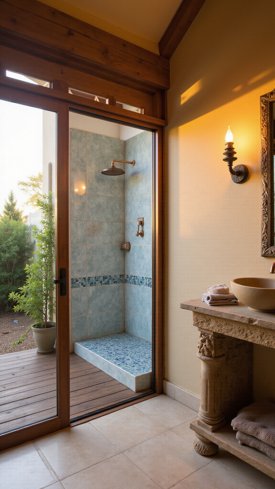 Mediterranean indoor-outdoor bathroom with sliding glass wall, teak deck, sunset light, limestone floors, blue zellige tiles, stone vessel sink on wooden console, and copper outdoor shower amid lush plants.