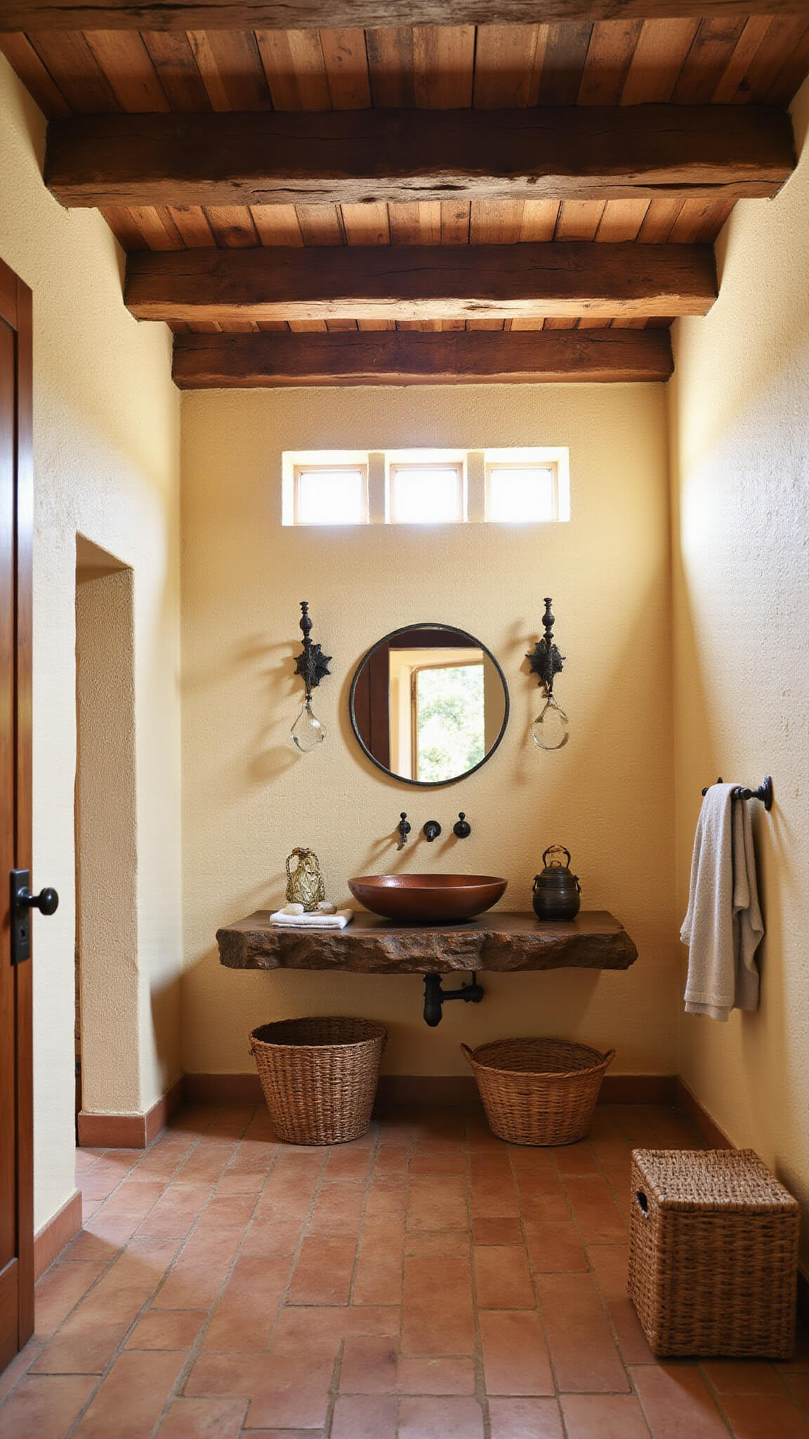 Rustic Mediterranean bathroom with exposed wooden beams, terracotta tile floor, vintage copper sink on olive wood slab, stucco cream walls, and mid-morning light through small windows.