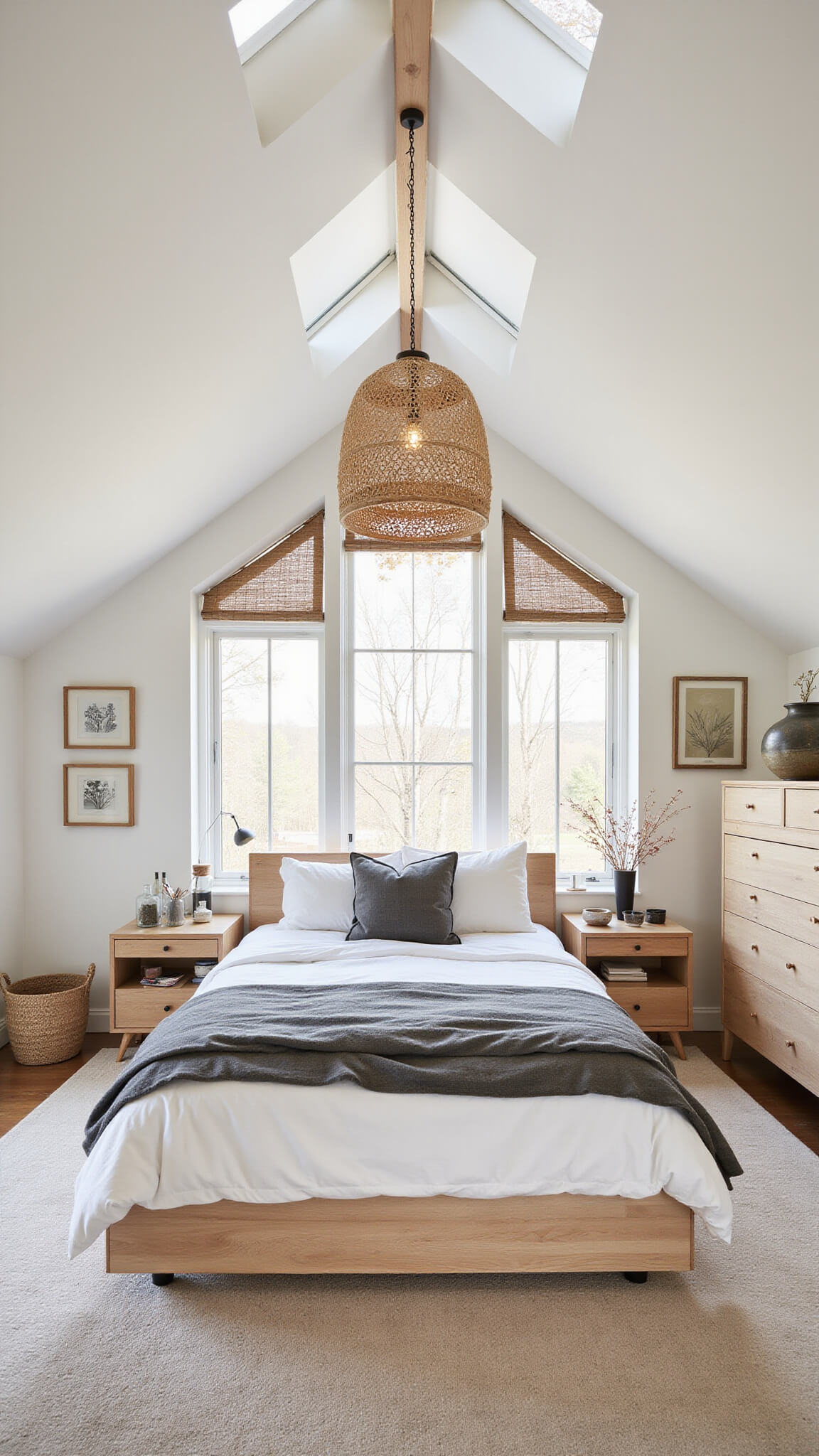 Airy 15x17ft vaulted-ceiling bedroom with white oak statement bed, clerestory windows, rattan pendant, and organic modern decor.
