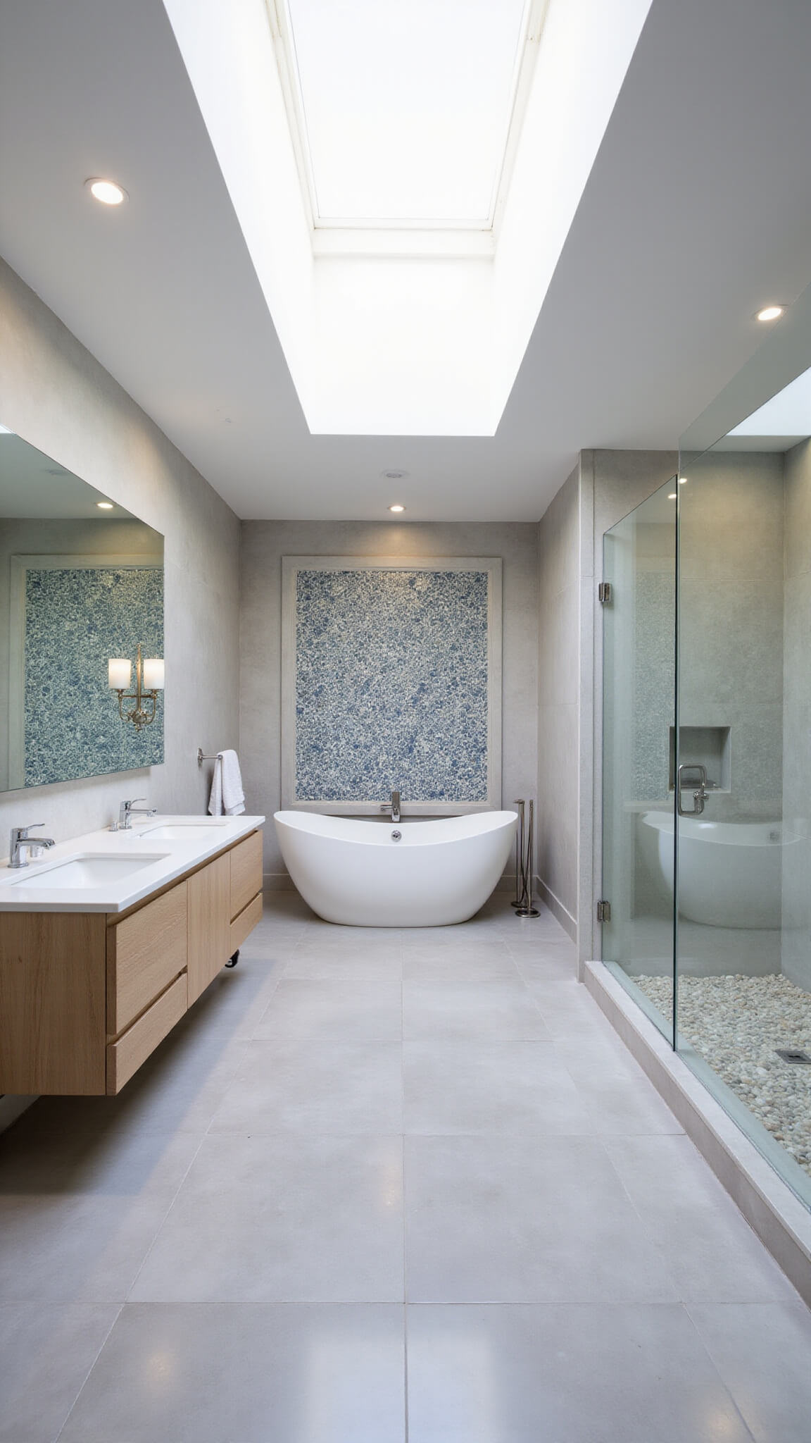 Contemporary Mediterranean spa bathroom with skylight, warm grey marble tiles, bleached oak floating vanity, white freestanding tub, blue and white geometric tile feature wall, glass walk-in shower with pebble floor.