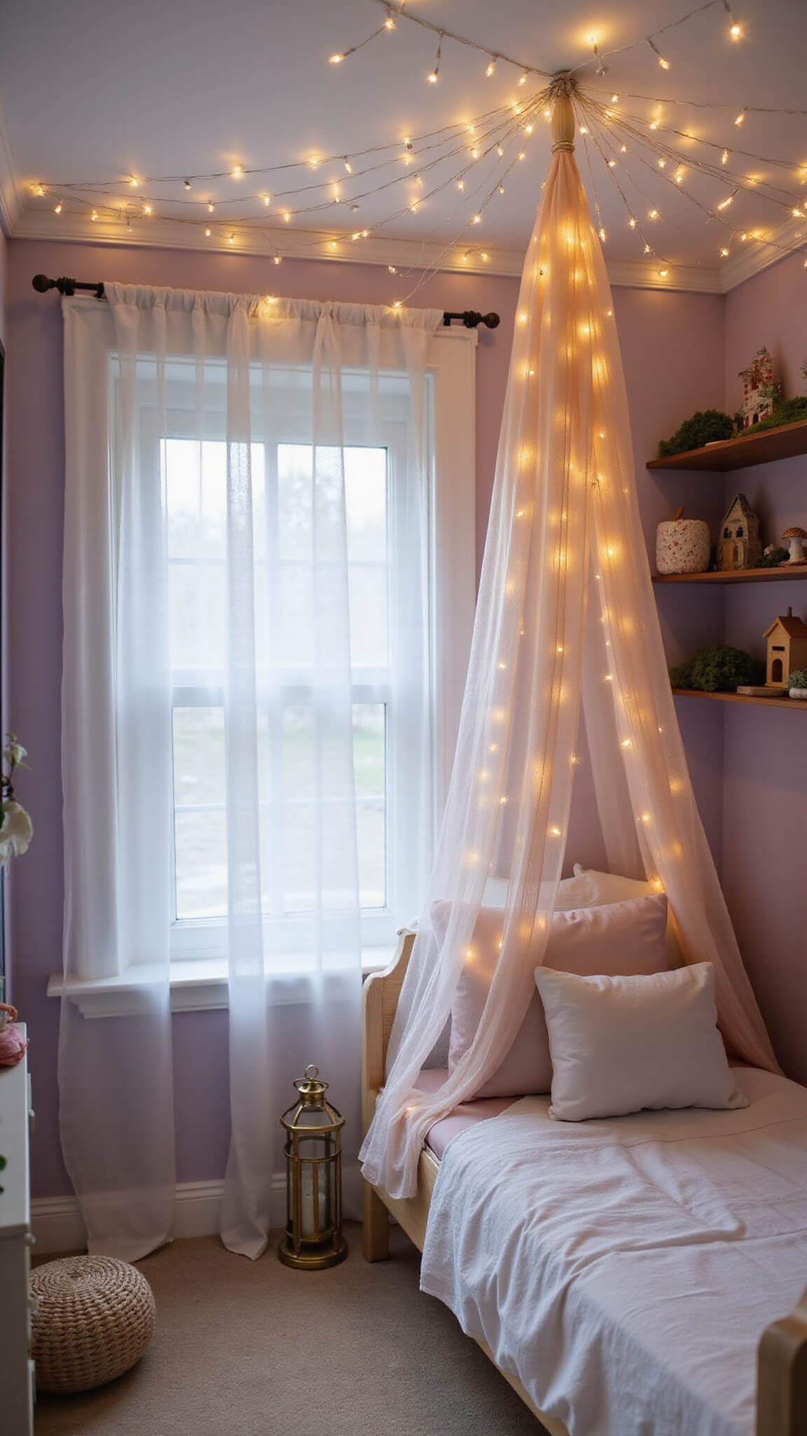 Lavender children's bedroom at twilight with canopy bed, string lights, fairy gardens, and vintage lanterns, viewed from low corner angle.