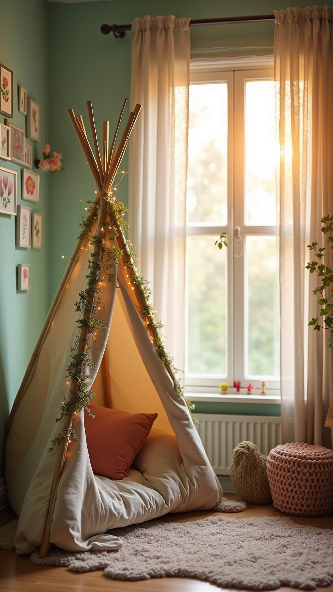 Cozy 10x12ft reading nook at golden hour with linen teepee, ivy, fairy lights, blush and cream cushions, mint green walls, and rainbow light from crystal prisms.