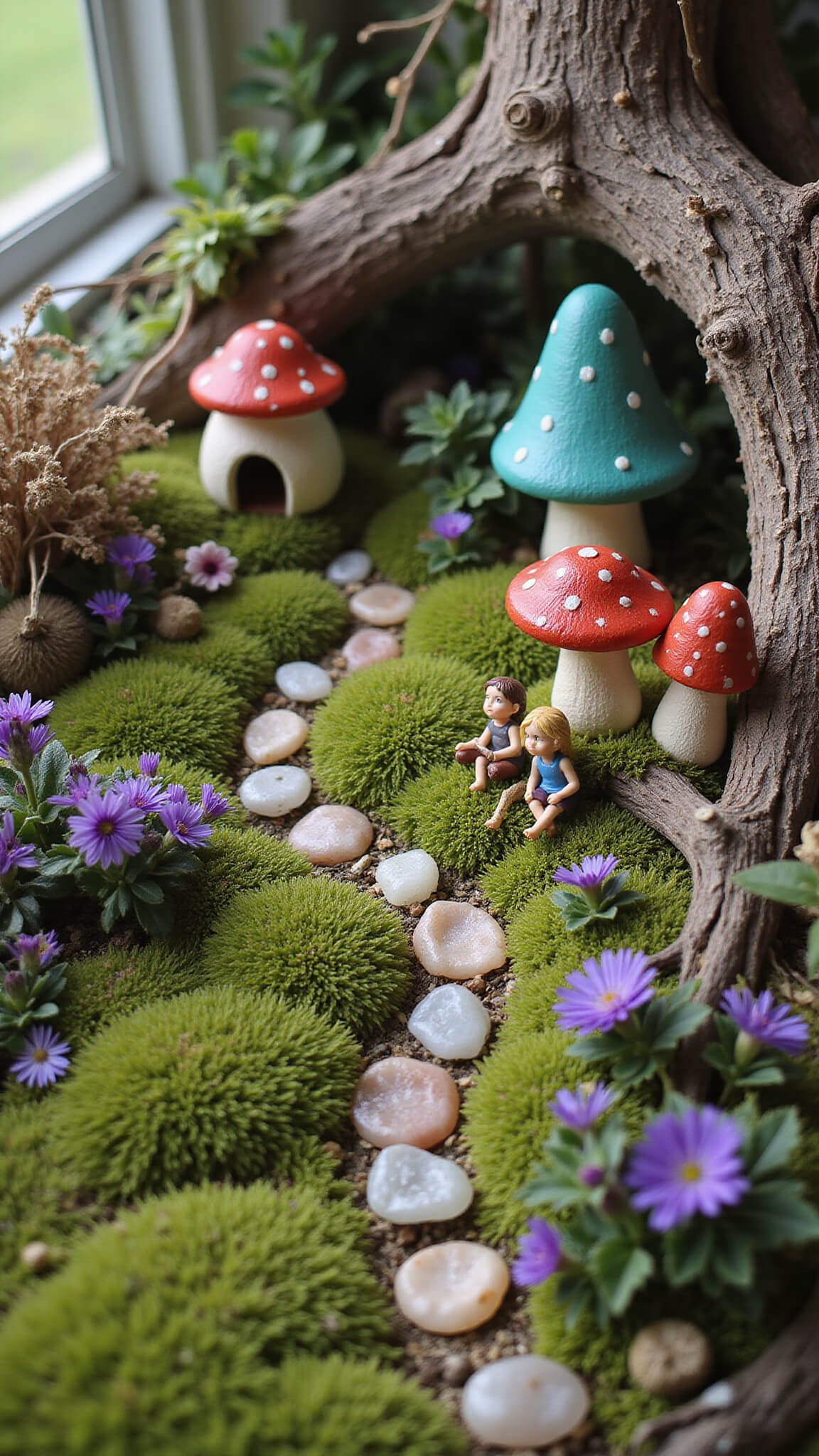 Fairy garden corner vignette with moss bed, handpainted mushroom houses, miniature crystal-lined paths, fairy figurines, dried flowers, and twisted branch archways in soft morning light.