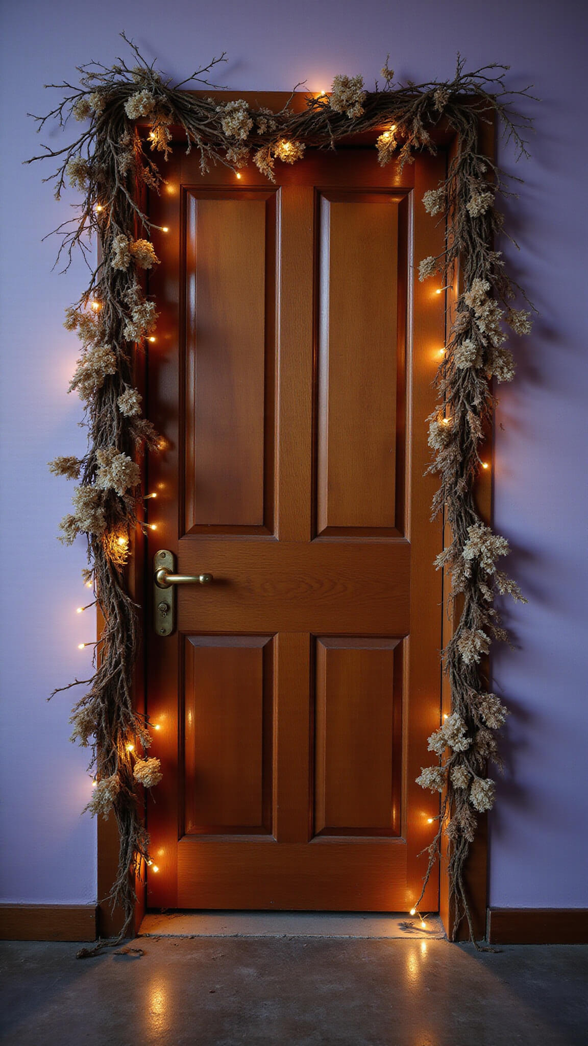 Dreamy dusk-lit bedroom entrance with magical wooden doorway adorned with branches, dried flowers, fairy lights, and framed by handmade garlands, glowing with backlit silhouette effect.