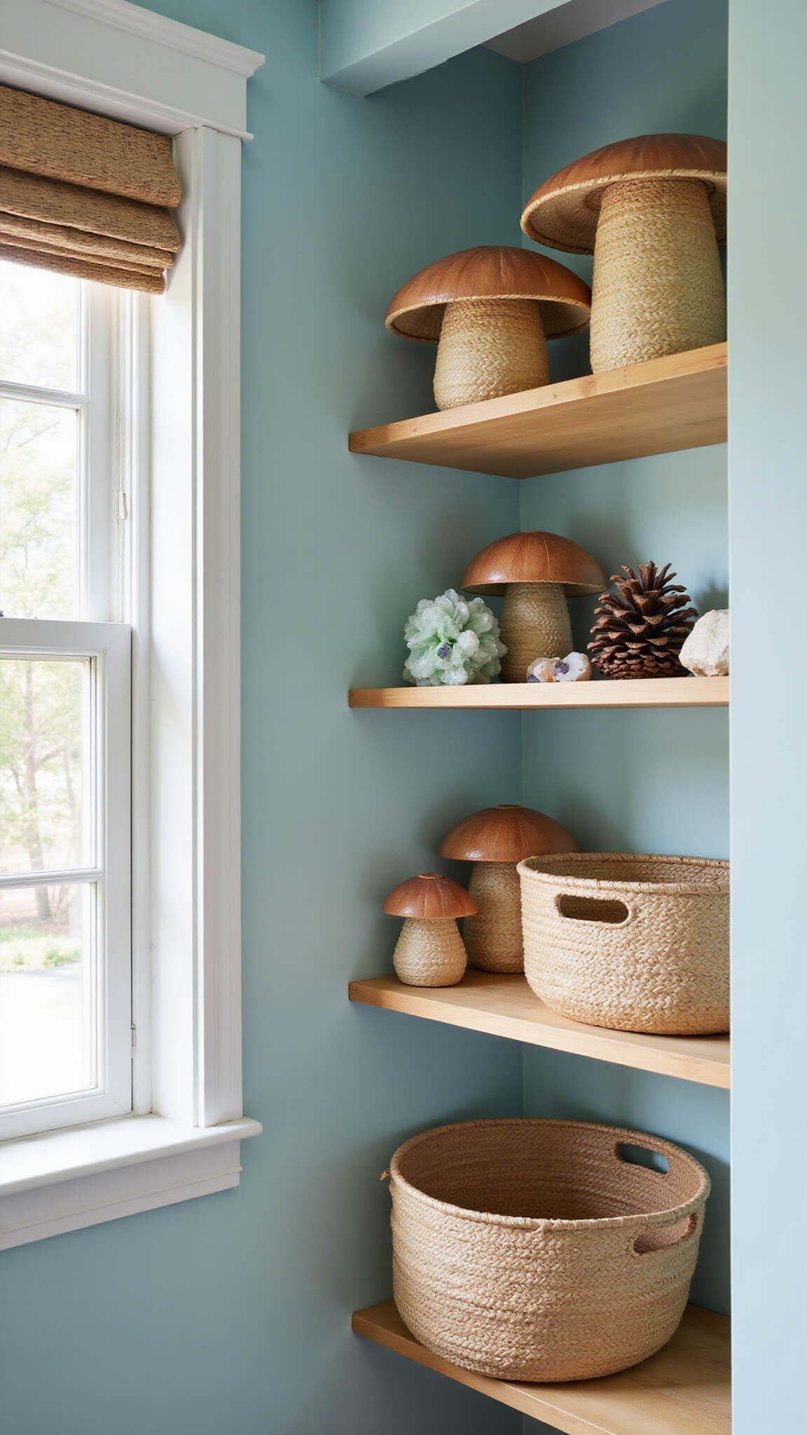 Whimsical woodland-themed storage with mushroom baskets, pinecones, crystals, and handmade fairy items on wooden shelves in soft morning light.