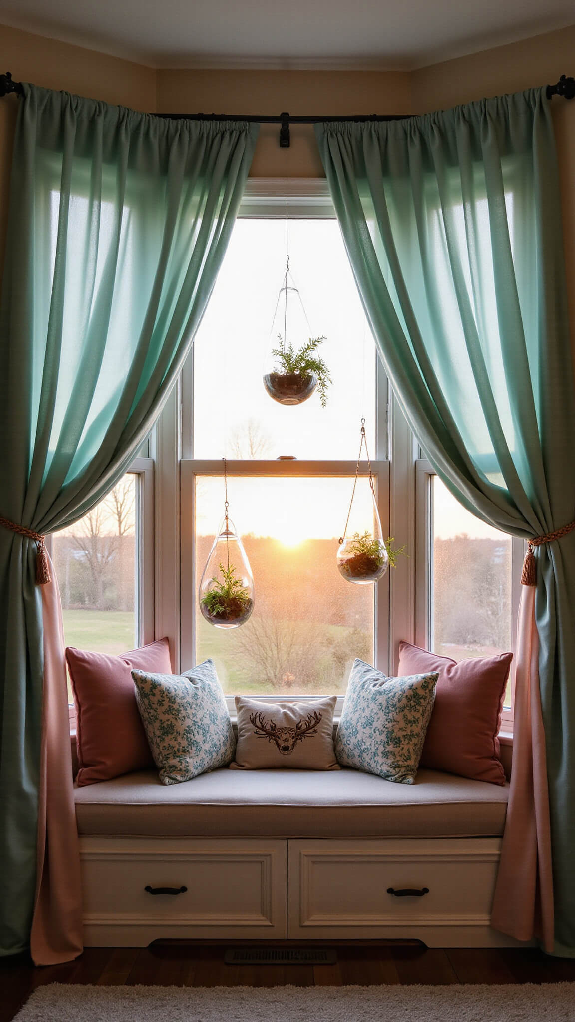 Cozy 6x8ft bay window seat with mint and blush curtains, woodland cushions, hidden storage, and hanging terrariums glowing at sunset.