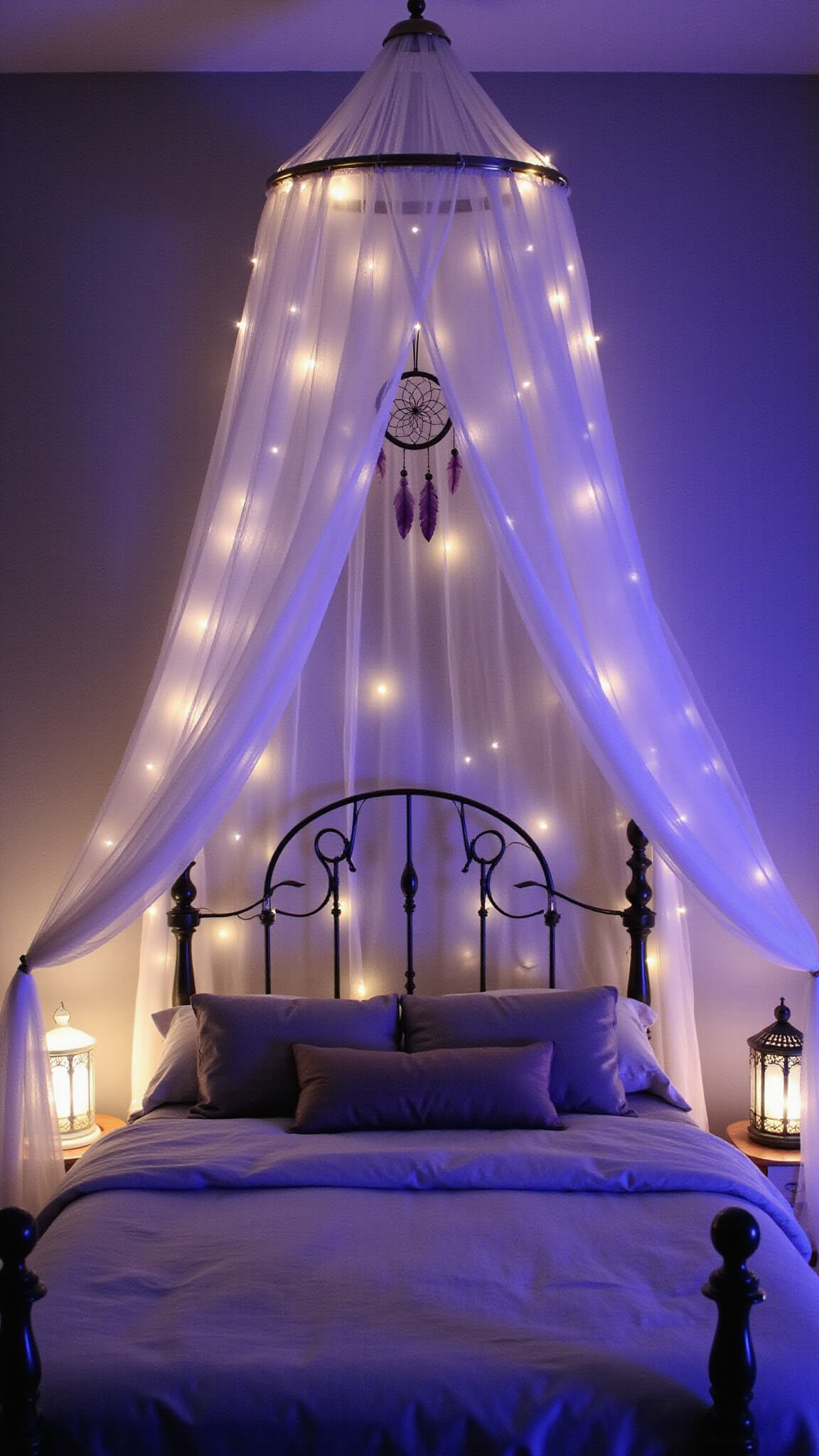 Night-time view of a queen-size canopy bed with tulle, twinkle lights, dream catchers, and crystal prisms glowing in soft lavender light.