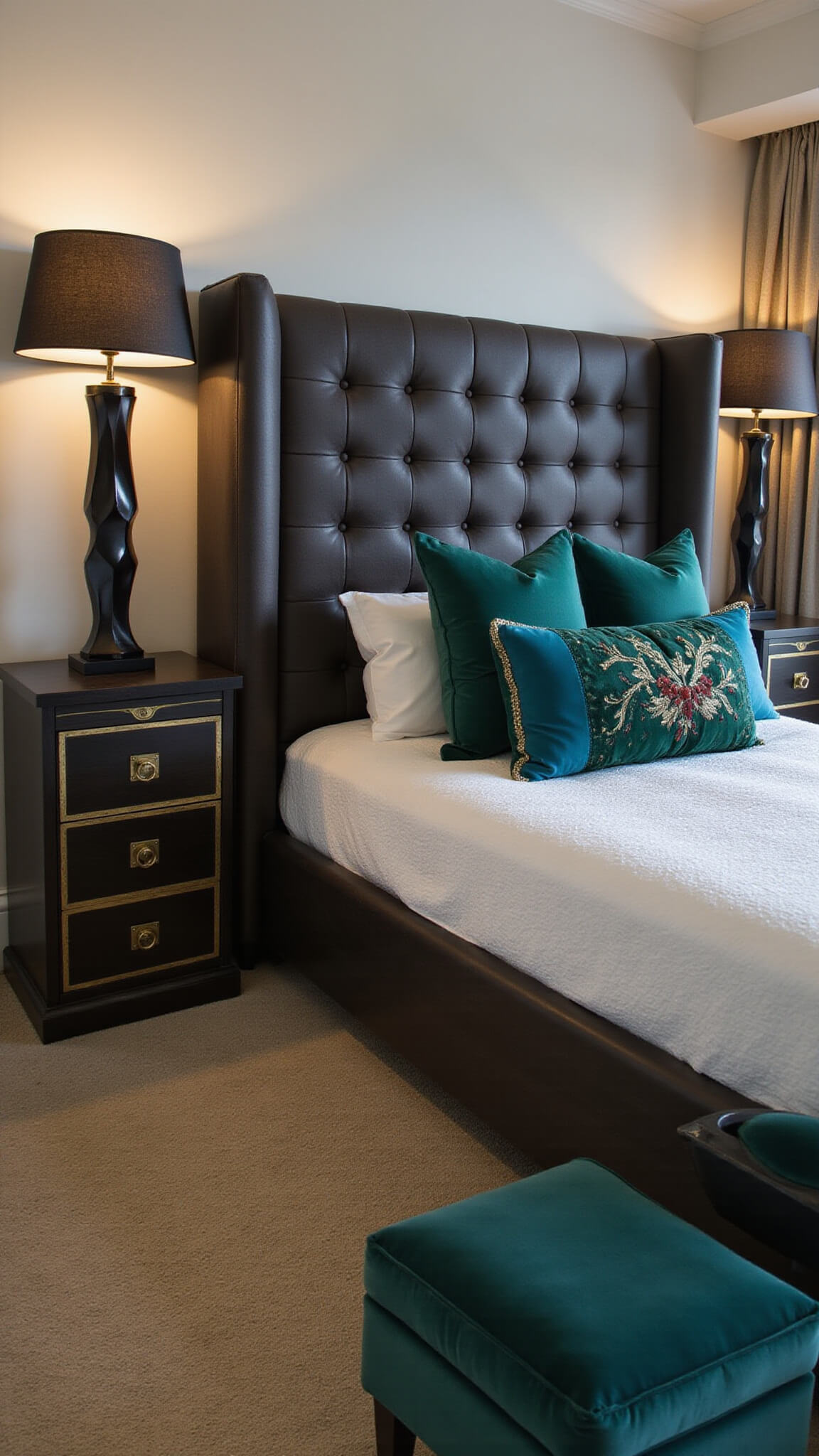 Elegant twilight-lit 14x15ft bedroom with dramatic ebonized oak platform bed, channel-tufted headboard, brass-inlaid nightstands, and velvet jewel-tone accents in emerald and sapphire.