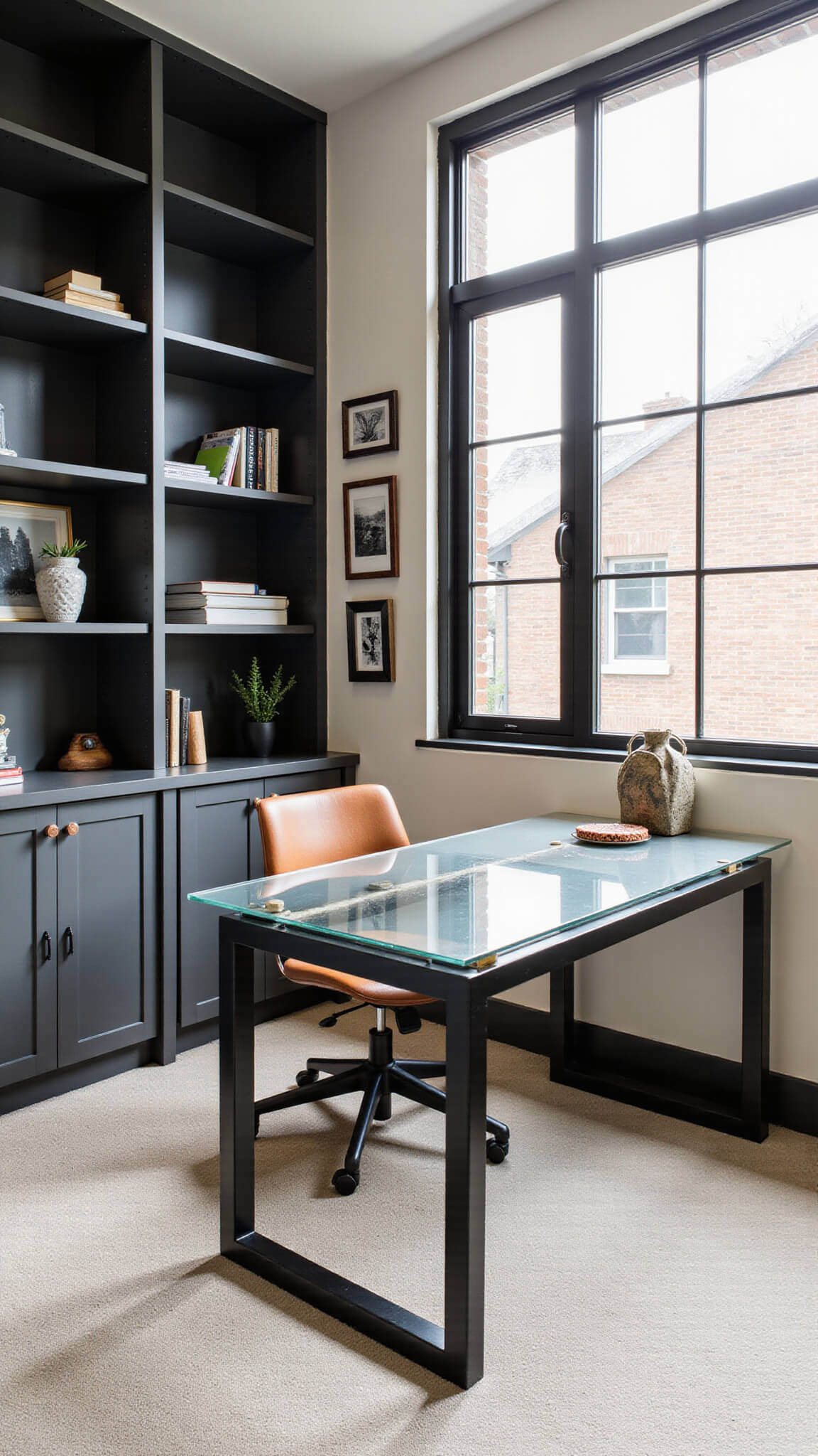 Compact 10x12ft home office with charcoal built-in shelves, copper accents, glass desk, vintage leather chair, and gallery wall in afternoon light.