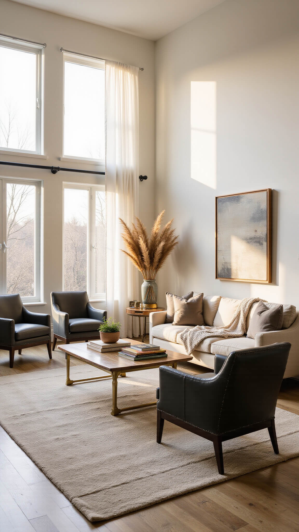 Transitional living room with golden hour sunlight, featuring a curved oatmeal sofa, charcoal leather chairs, white oak flooring, brass coffee table, and layered textures.