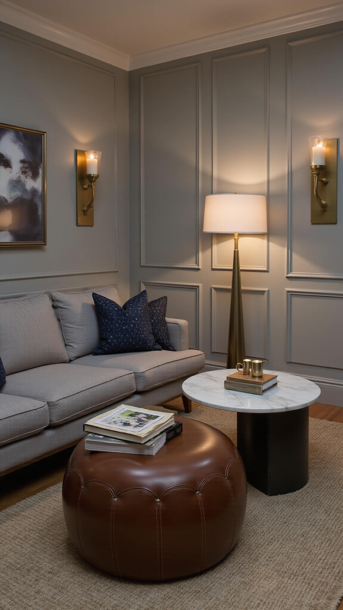 Cozy 15x18ft living room at dusk with warm lighting, grey sectional, vintage leather ottoman, marble side table, and mixed metallic accents.