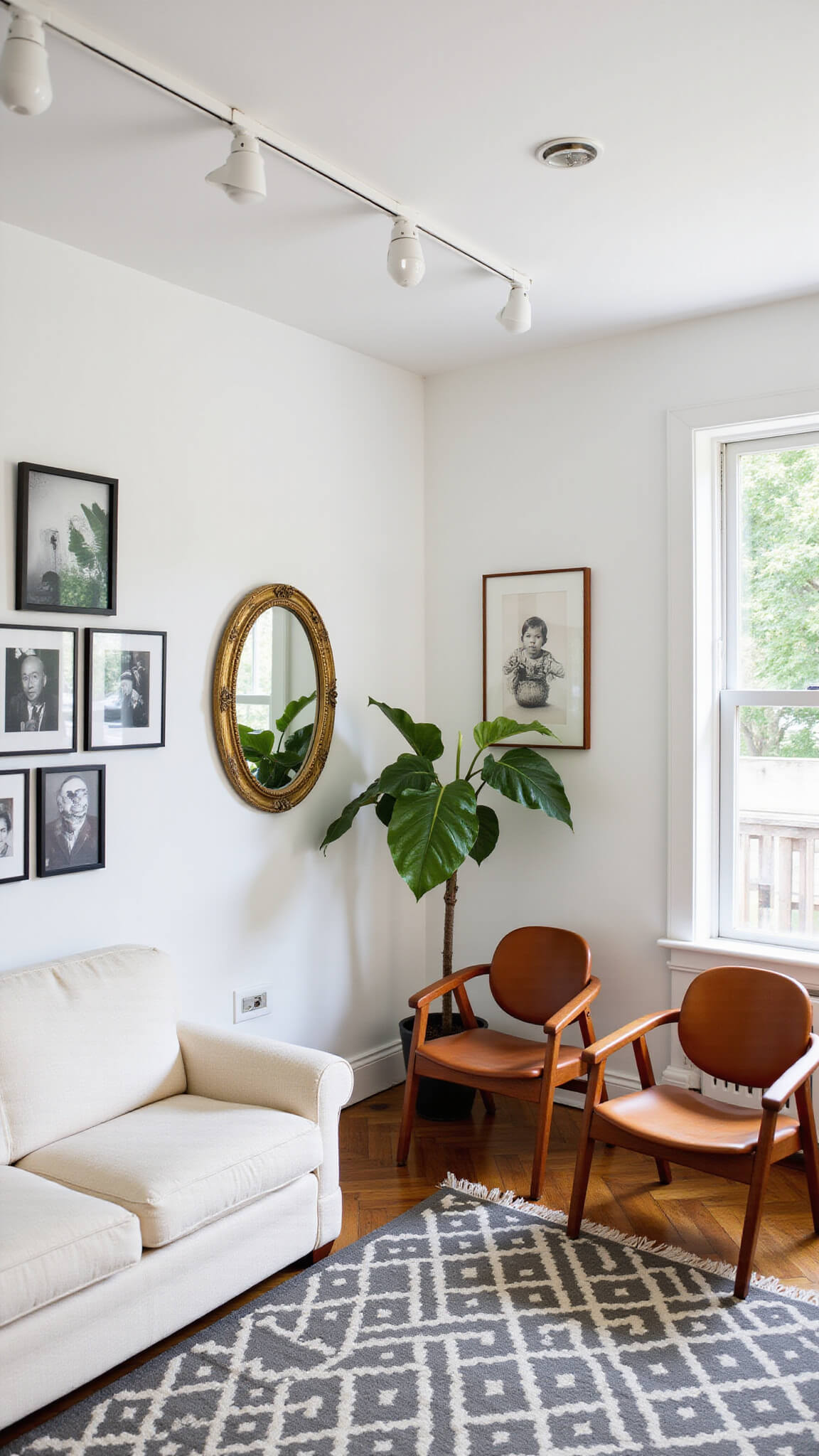 Bright Victorian-style living room with 12ft ceilings, cream bouclé sofa, cognac leather chairs, gallery wall, and mid-century decor.