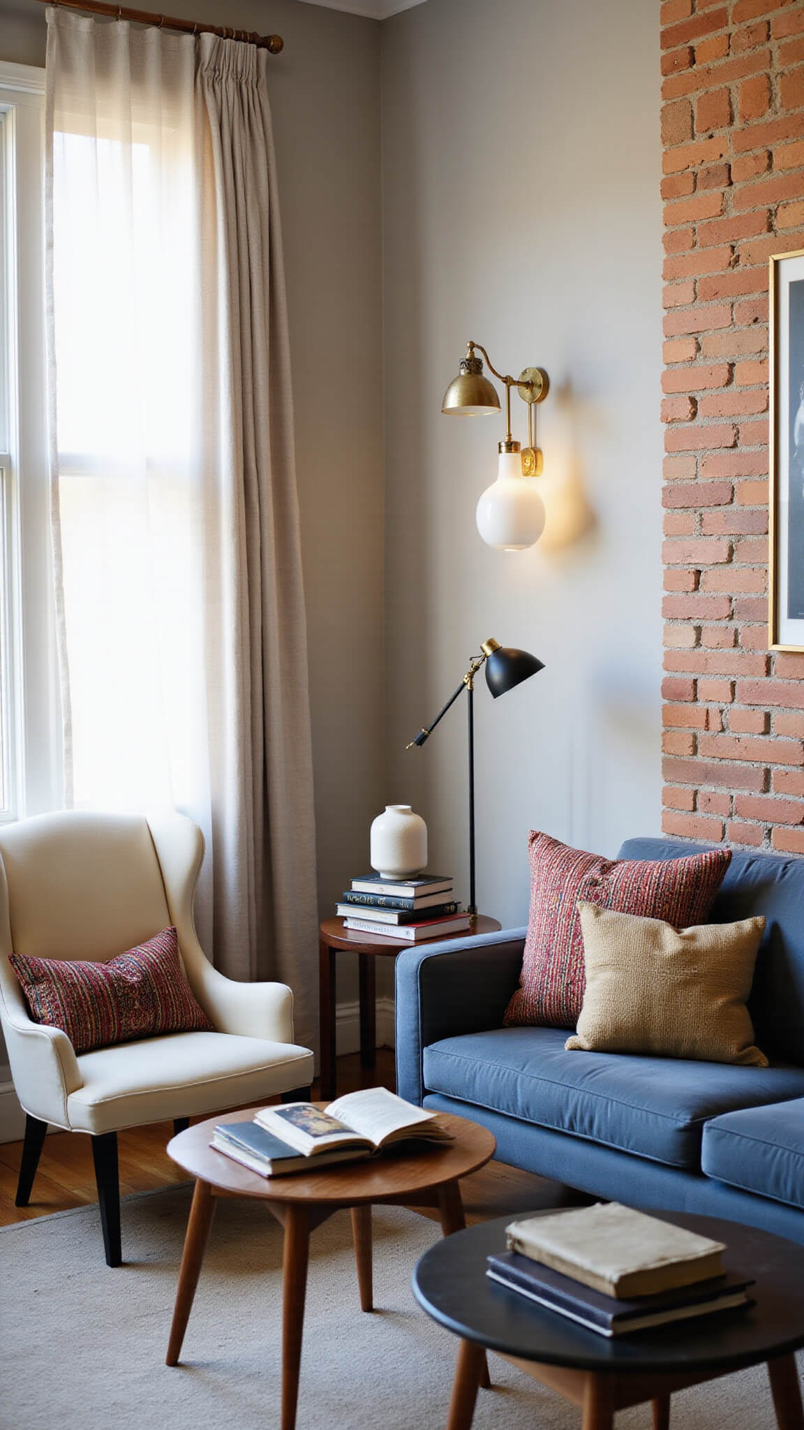Cozy 16x20ft living room at magic hour with greige walls, exposed brick, slate blue velvet sectional, cream leather wingback chair, brass lighting, and styled with vintage pillows, art books, and ceramic vessels.
