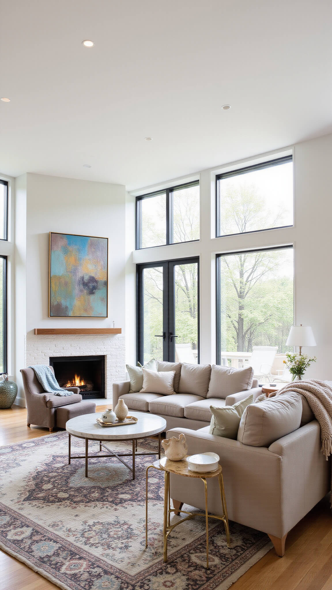 Open-concept living area with 14ft ceilings, steel-framed windows, neutral-toned modern furniture, a muted Persian rug, and earthy decorative accents.
