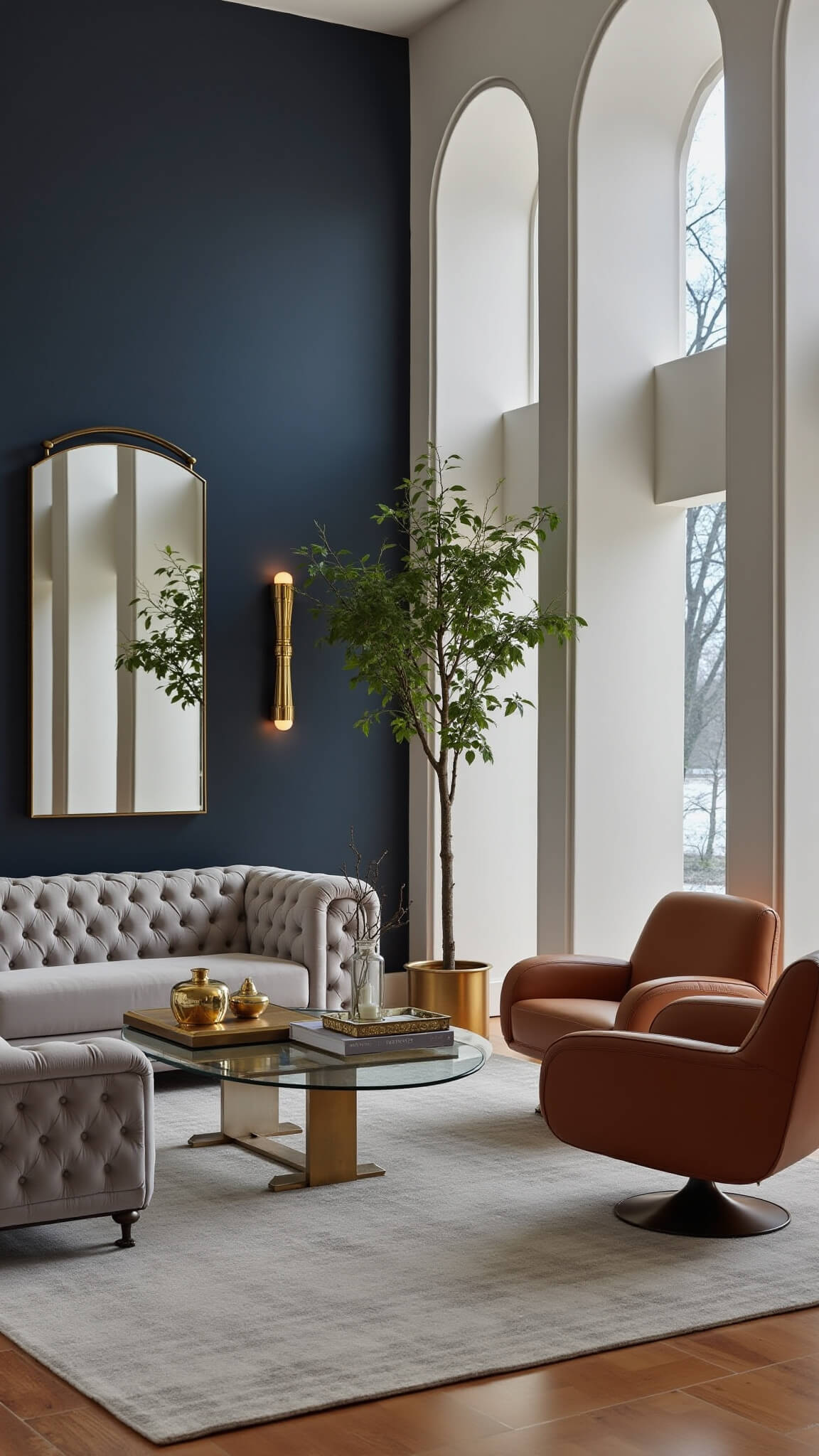 Elegant 18x22ft living room at blue hour with dramatic uplighting on columns, featuring pearl grey velvet chesterfield sofa, camel leather swivel chairs, navy accent wall, antique brass and marble coffee tables, oversized mirror, olive tree, and vintage brass decor.