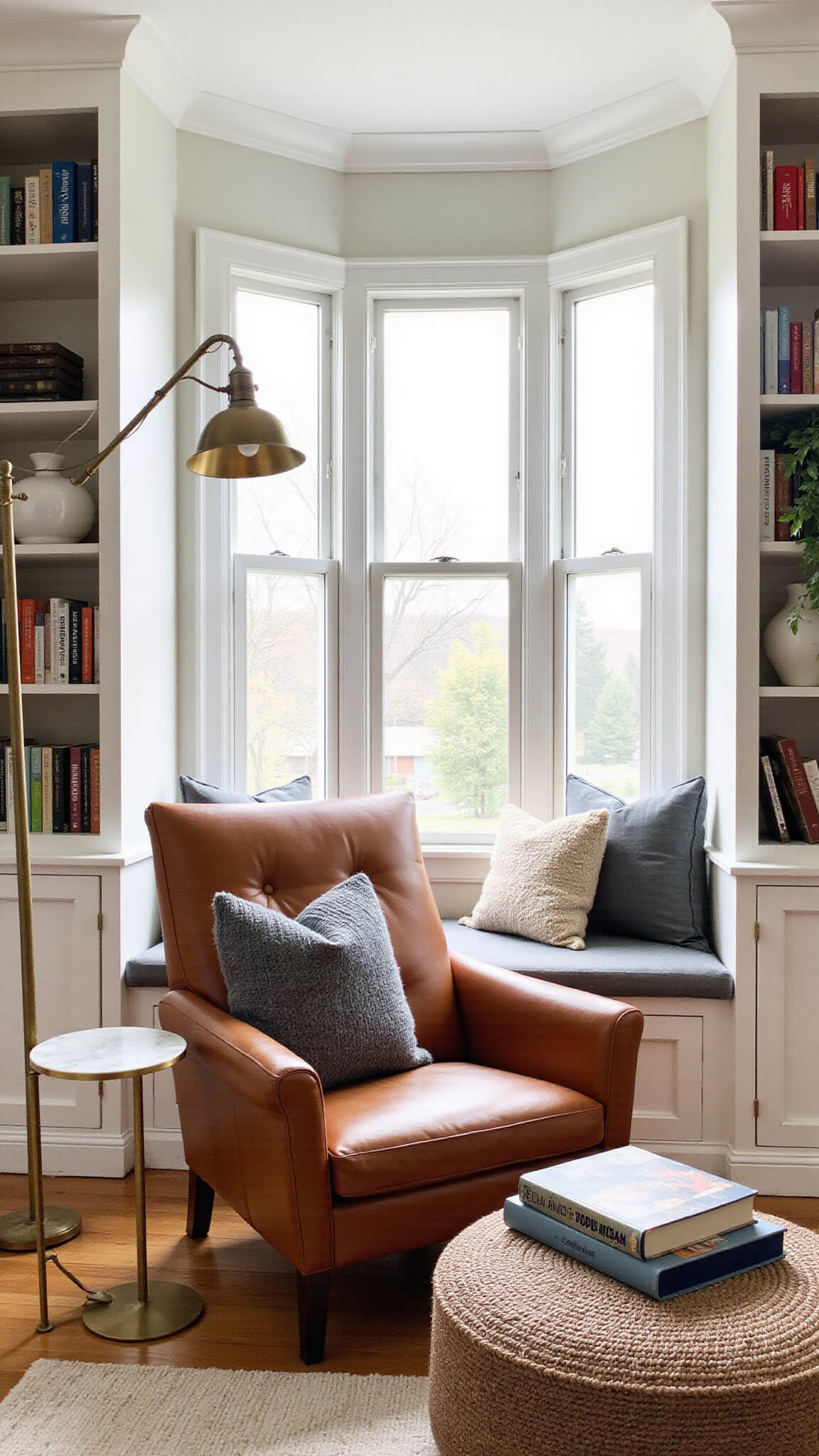Cozy reading nook with bay window, leather chair, brass floor lamp, and built-in bookcases styled with books, plants, and textured decor in soft afternoon light.