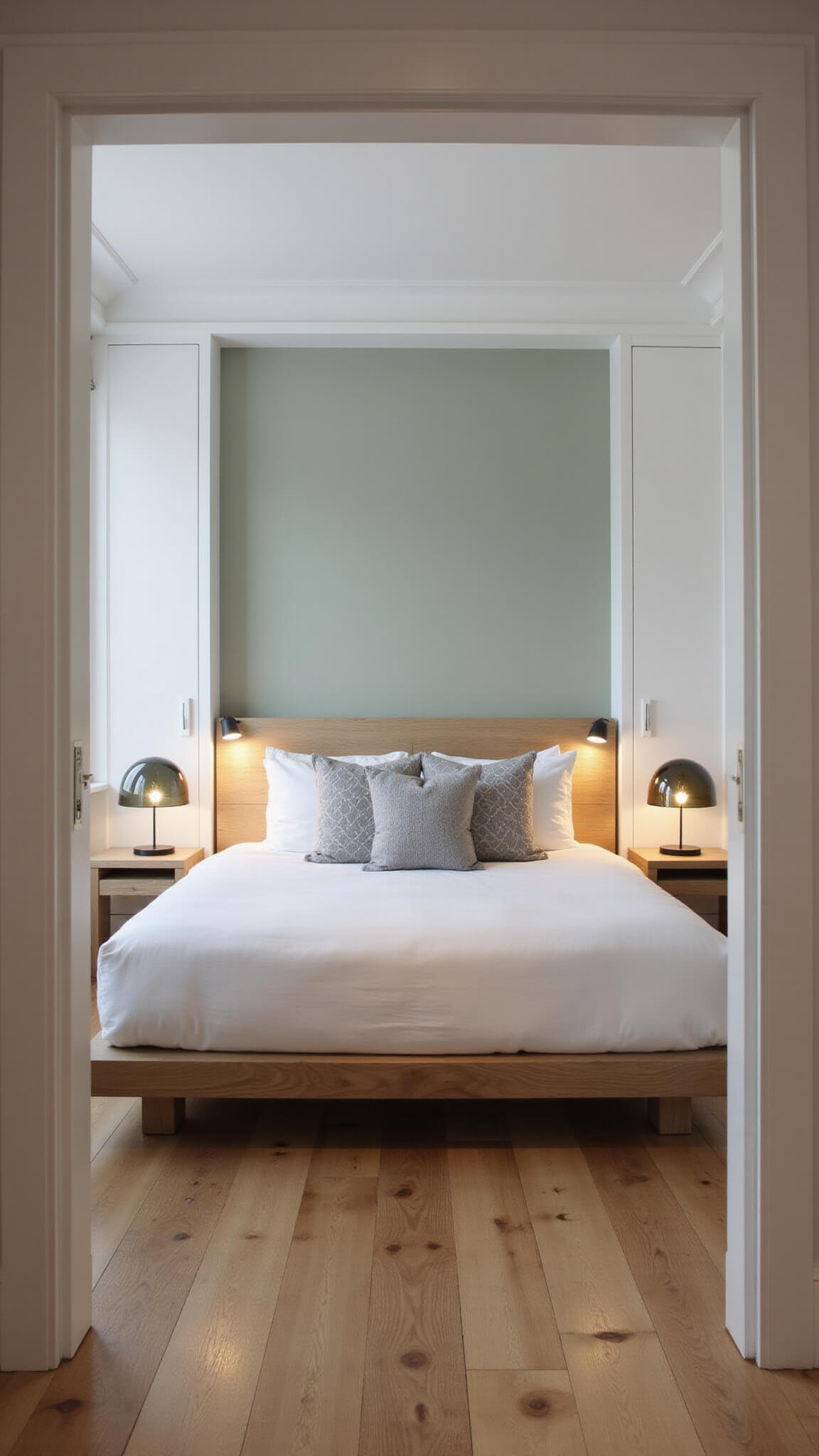 Contemporary 15x18ft bedroom at dusk with platform bed, sage green accent wall, sheer curtains, and ambient LED lighting.