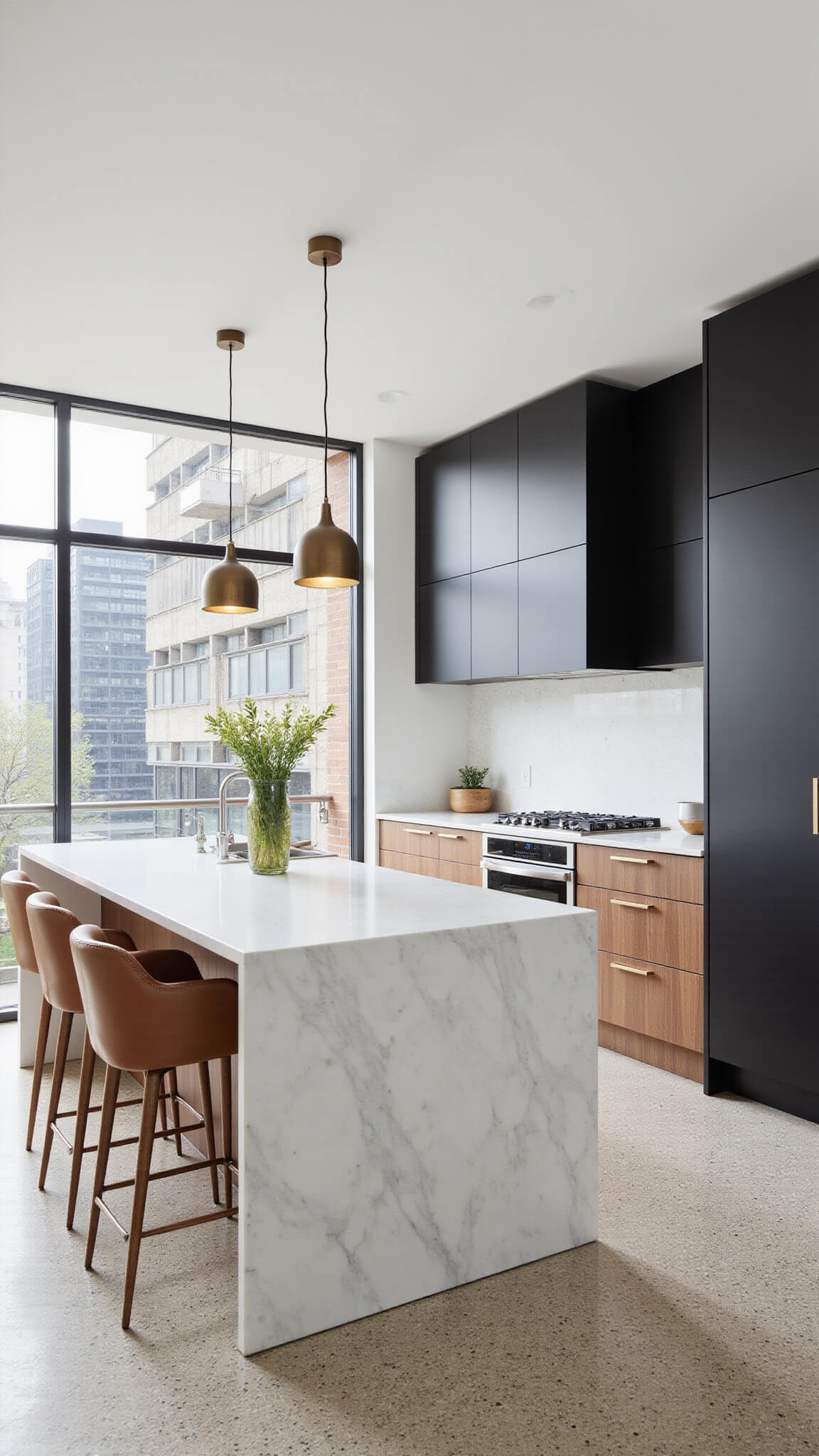 Modern open-concept kitchen with white quartzite island, black and walnut cabinetry, terrazzo floors, and urban views through full-height windows.