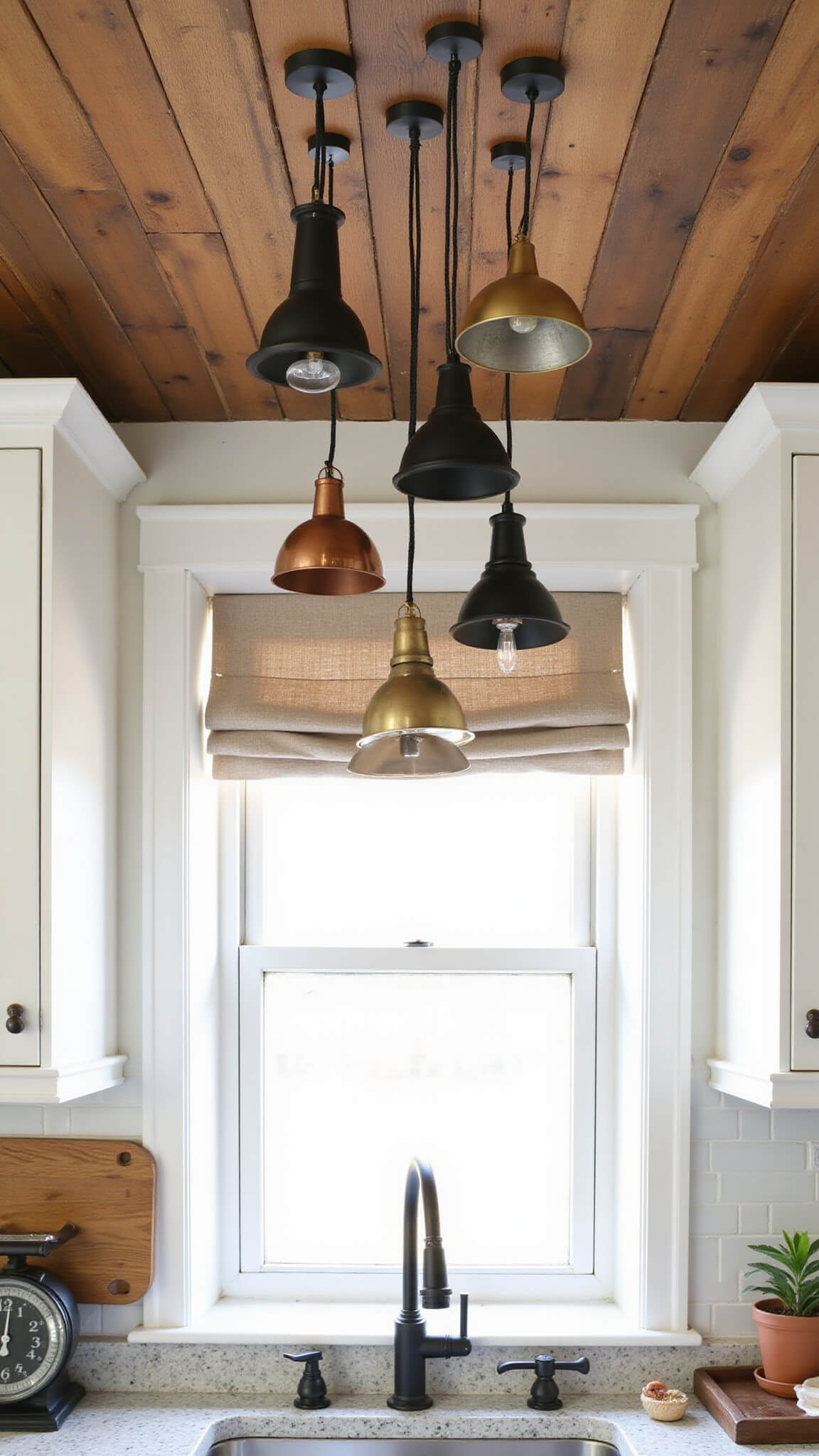 Dawn-lit kitchen with reclaimed wood ceiling, mixed metal pendant lights over composite granite sink, and brass, copper, and black fixtures; vintage scale and breadboard add charm.