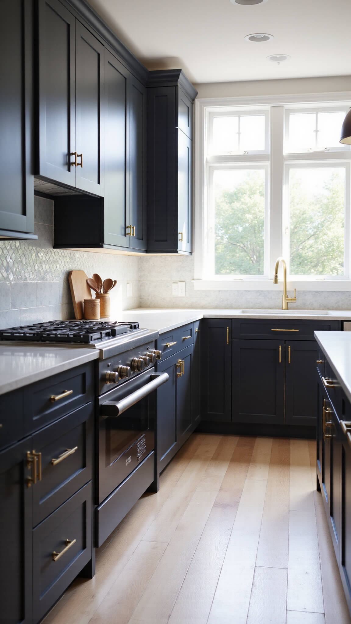 Contemporary kitchen with matte black shaker cabinets, white marble waterfall island, gold accents, and morning light through floor-to-ceiling windows.