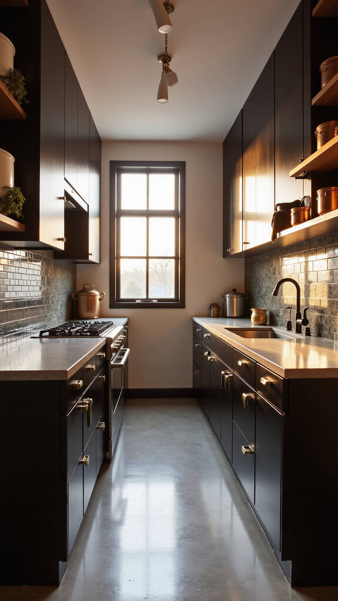 Moody galley kitchen with glossy black cabinets, concrete countertops, brass fixtures, and vintage copper pots reflecting golden hour light.