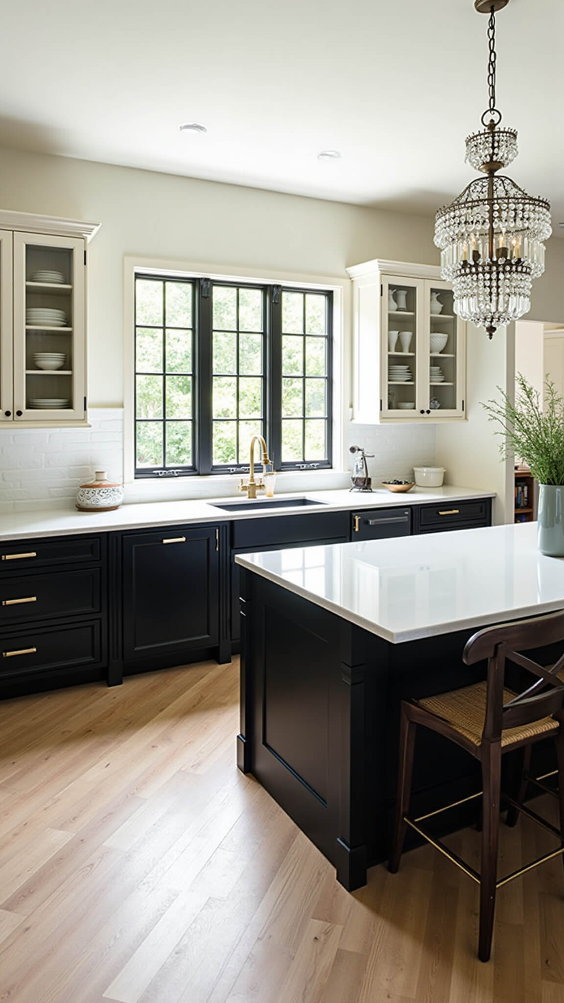Modern farmhouse kitchen with two-tone cabinets, large black island, herringbone oak floors, brass accents, and black steel windows.