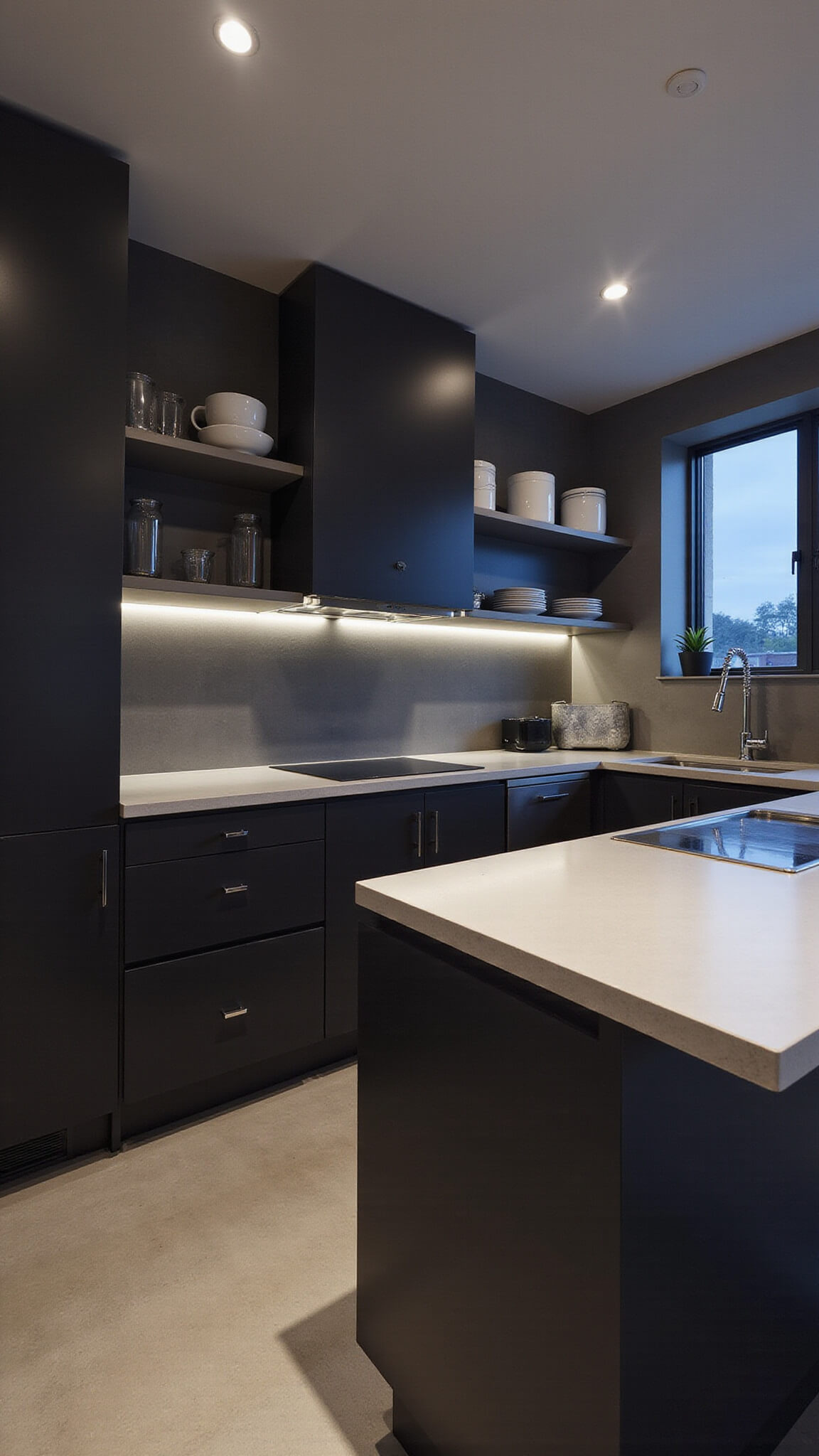 Modern 8x10ft urban kitchen at dusk with sleek black slab cabinets, floating shelves with white dinnerware, stainless steel appliances, concrete countertops, and LED accent lighting.
