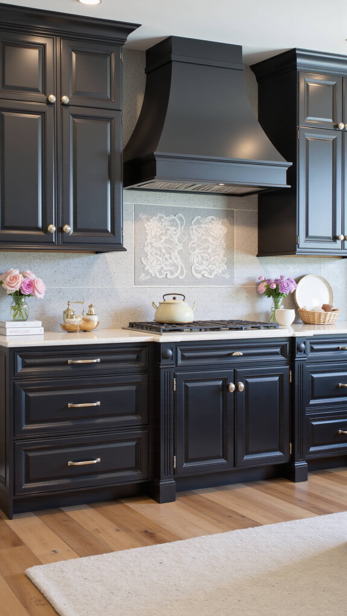 Transitional 14x16ft kitchen with black raised-panel cabinets, cream marble countertops, custom black range hood, grey arabesque tile backsplash, and elegant vintage silver accents in soft afternoon light.