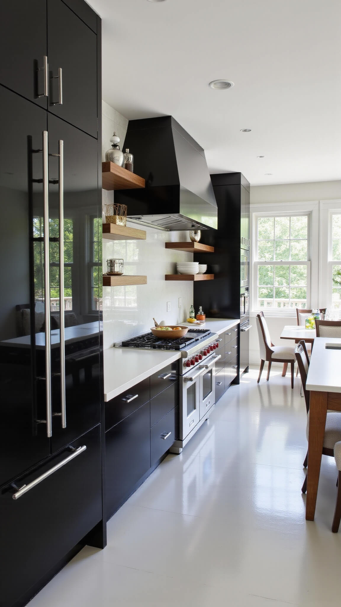 Modern 16x18ft kitchen with glossy black cabinets, white Corian countertops, mirrored backsplash, and walnut floating shelves reflecting bright noon light.