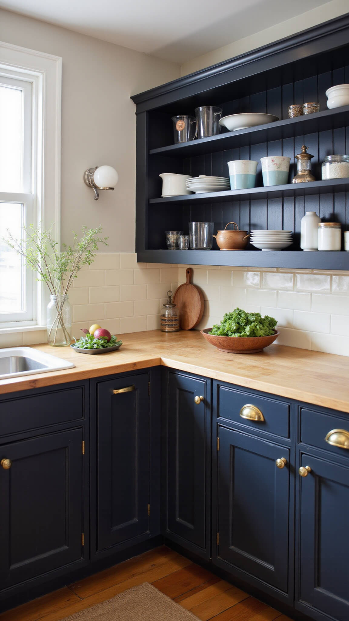 Cozy 11x13ft kitchen with black beadboard cabinets, brass pulls, butcher block counters, cream subway tile, open shelves with vintage ironstone, and antique copper accents in soft morning light.