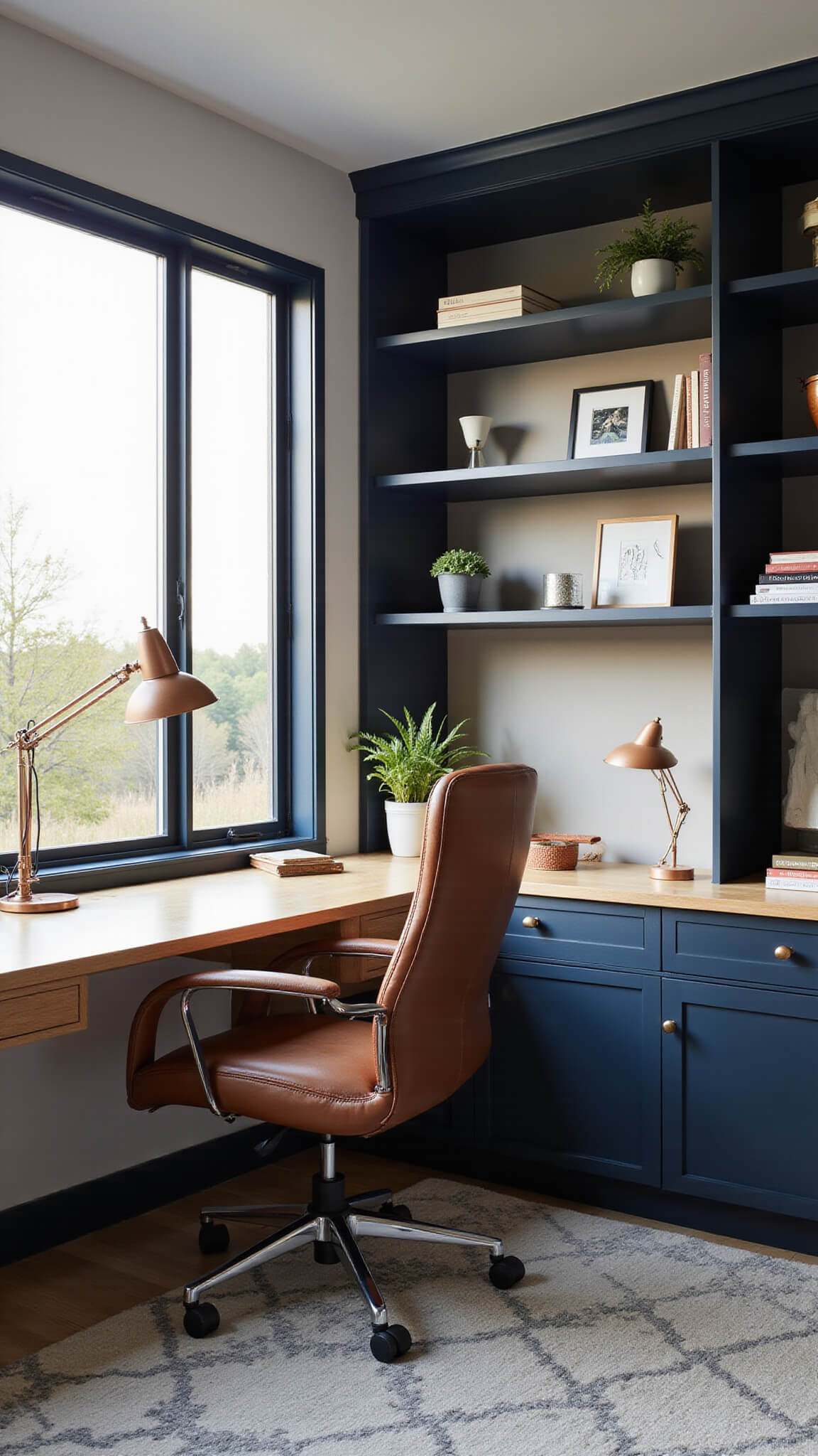 Home office with navy built-in shelves, bleached maple desk, cognac leather chair, geometric rug, and sunlight streaming through steel-framed windows.
