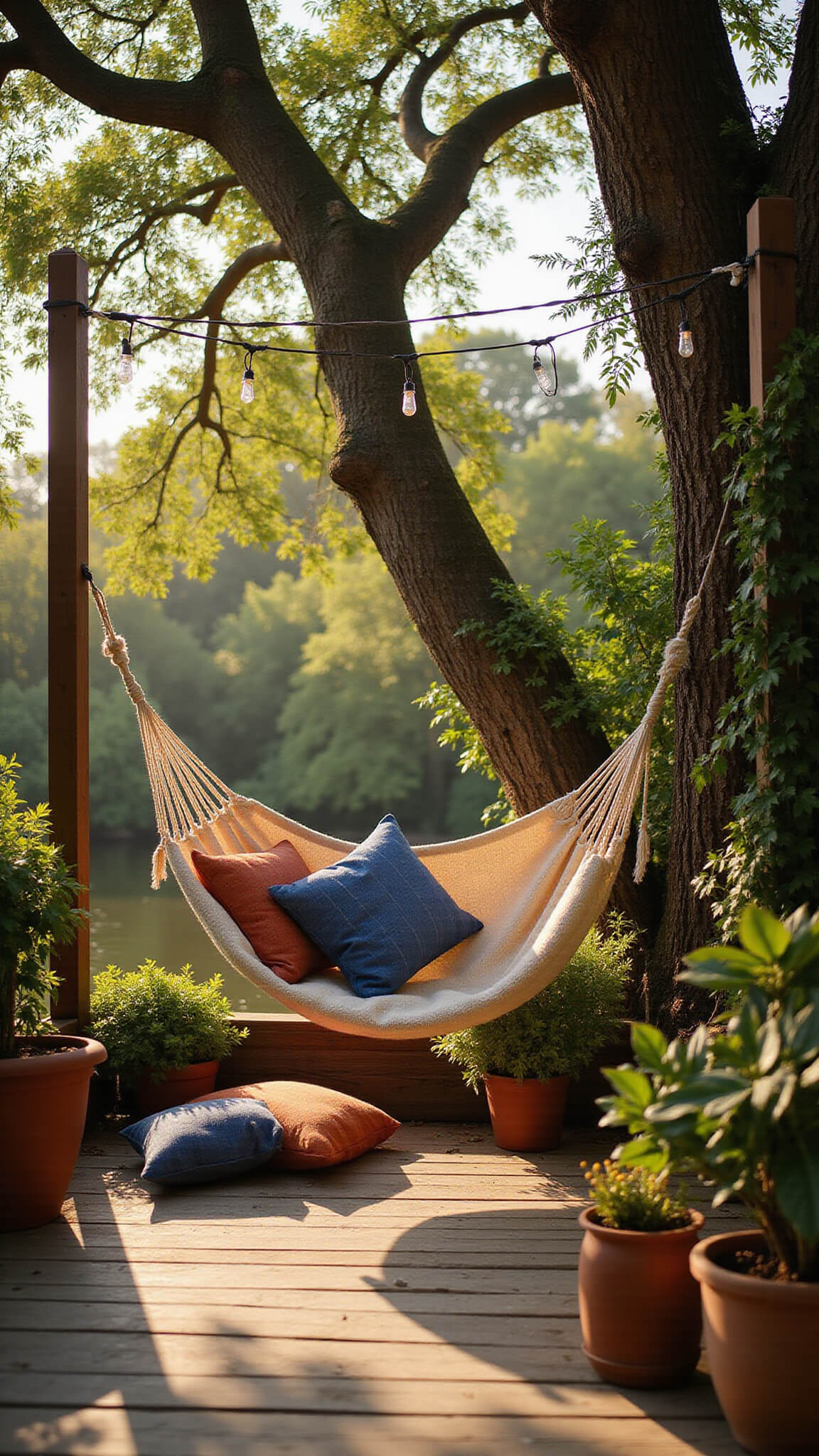 Bohemian garden nook at golden hour with cream macramé hammock, mudcloth pillows on wooden deck, string lights overhead, and layered greenery under oak tree.