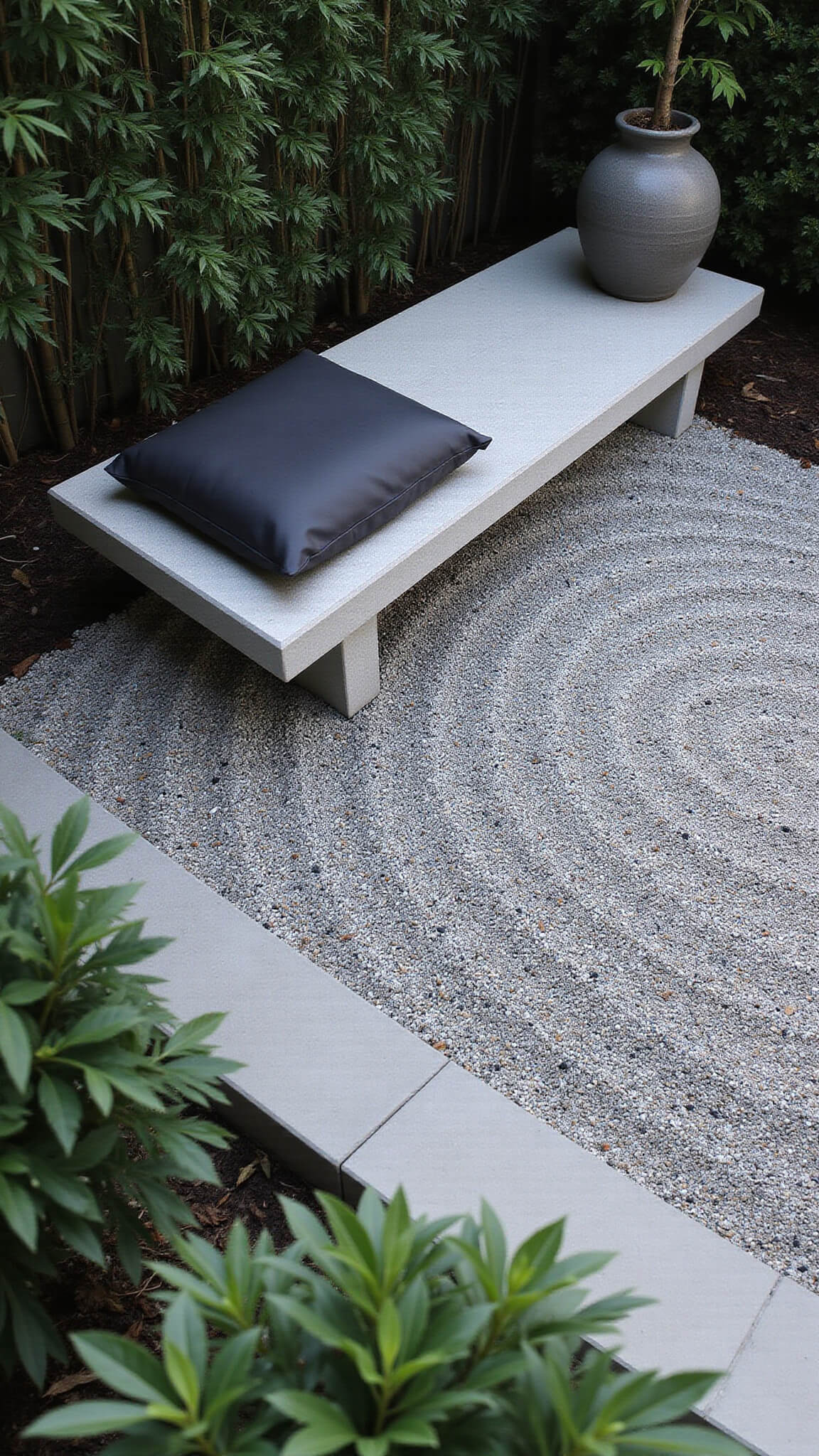 Aerial view of minimalist zen garden with raked gravel, concrete bench, Japanese maple in planter, and black bamboo border.