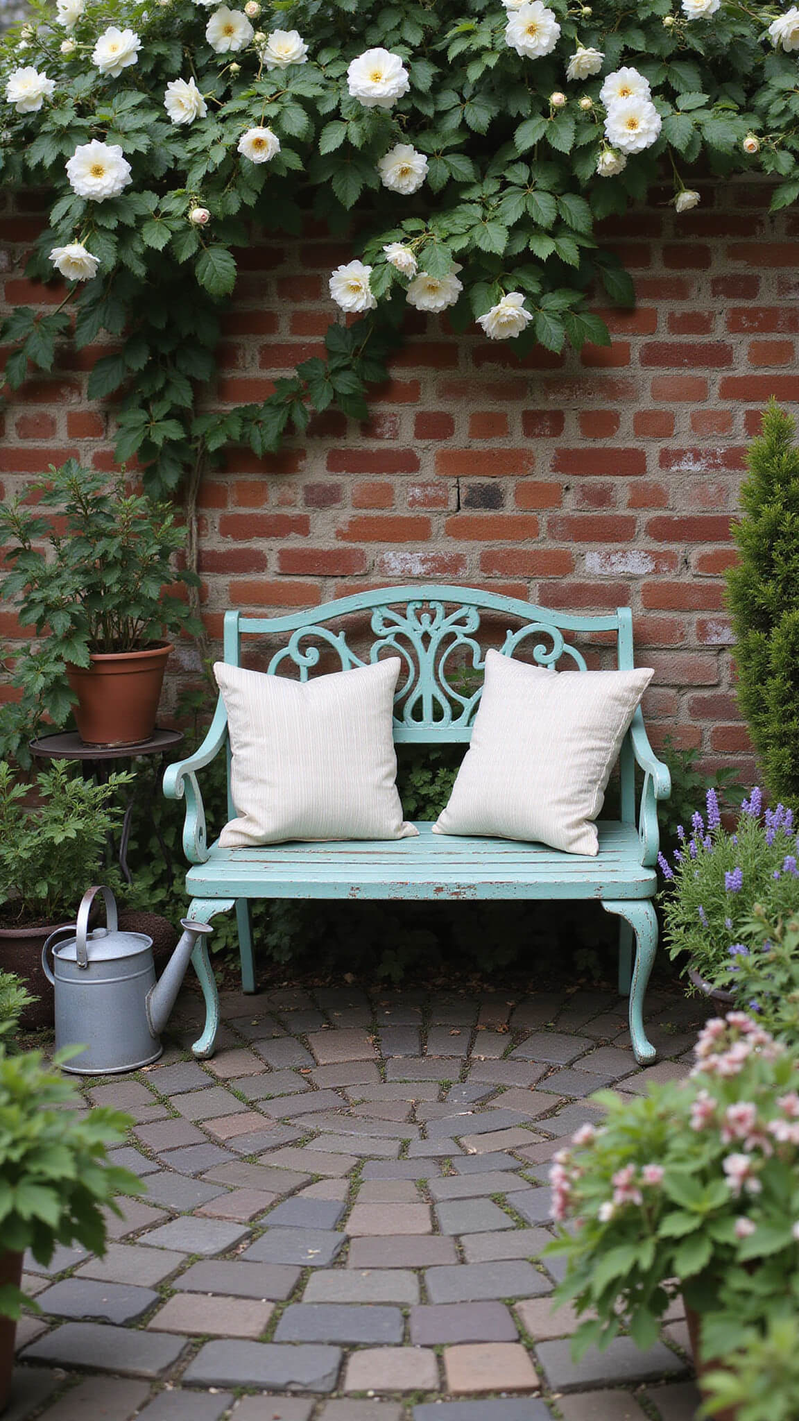 Intimate cottage garden nook at dawn with vintage iron bench, climbing roses, misty atmosphere, and dewy flagstone patio.
