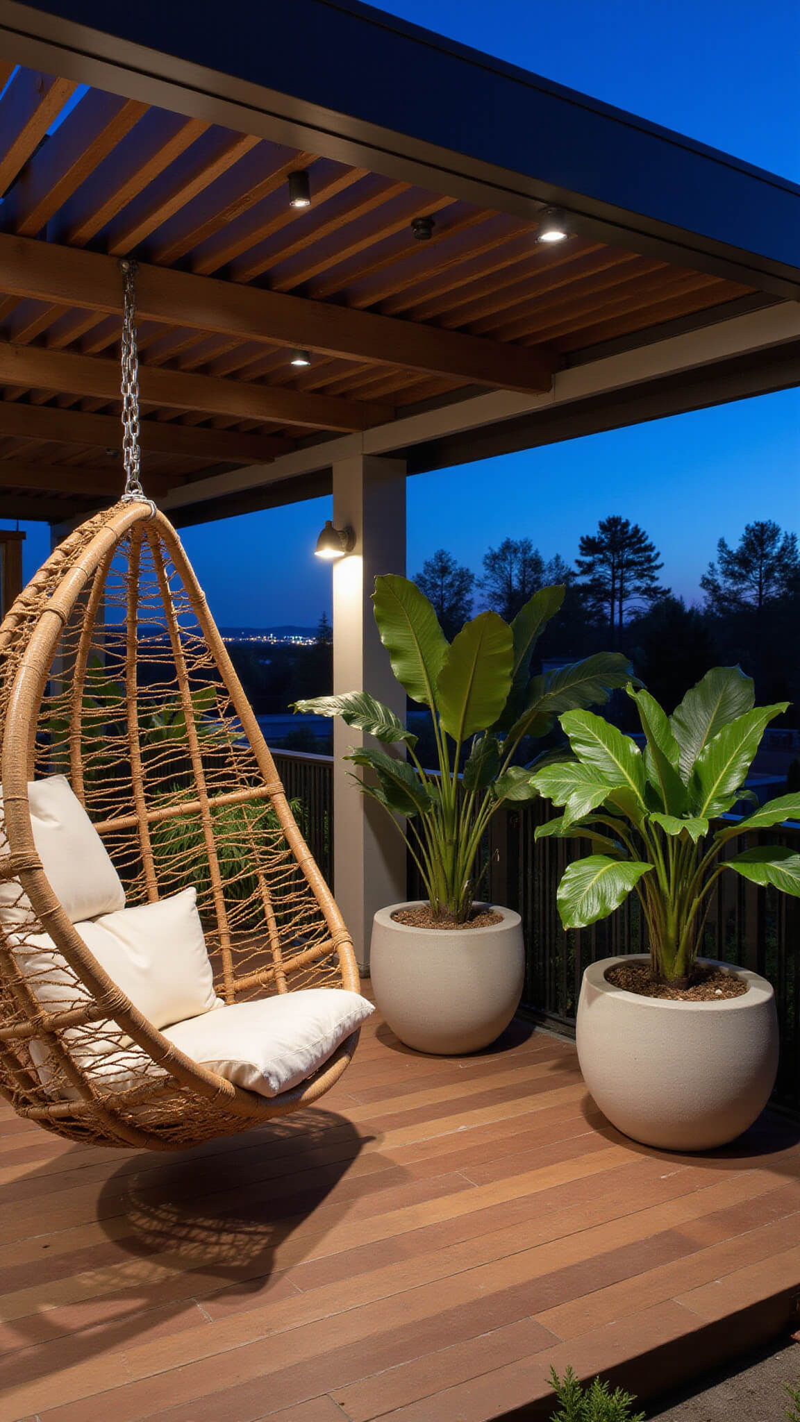 Modern tropical patio at blue hour with hanging rattan egg chair, large philodendron backdrop, concrete planters, and warm LED uplighting on teak deck.