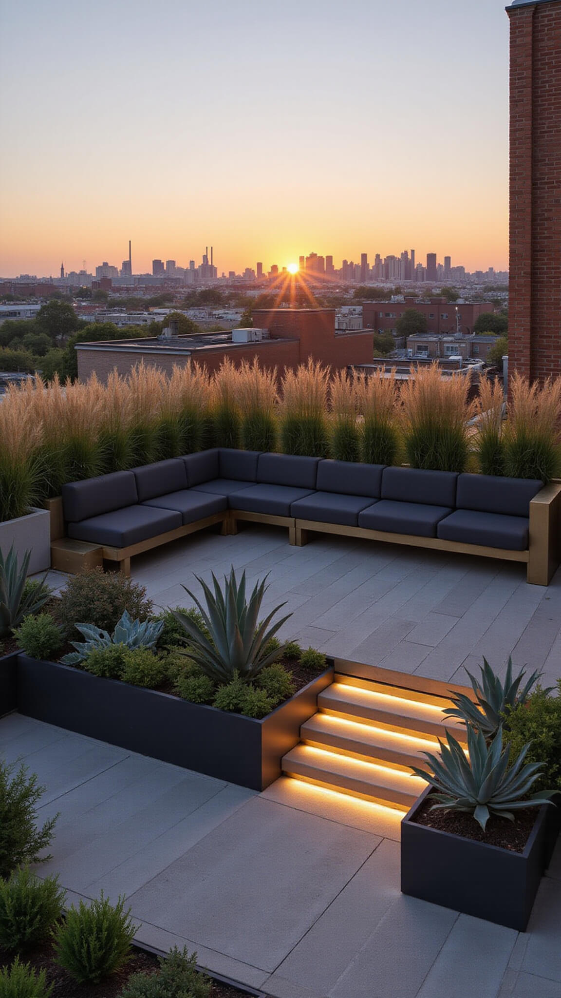 Contemporary rooftop garden at sunset with modern seating, ornamental grasses, sculptural plants, and city skyline backdrop.