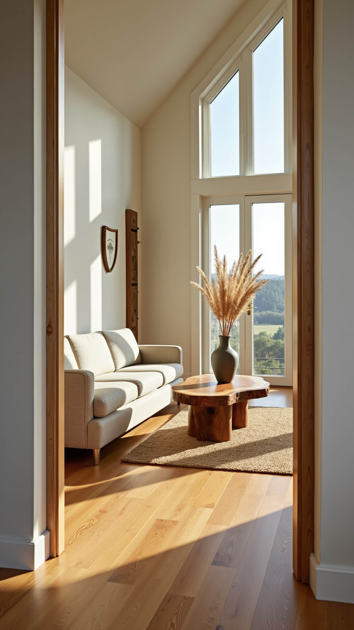 Sunlit living room with curved oatmeal bouclé sofa, reclaimed teak coffee table, and dried pampas grass in ceramic vase on jute rug.