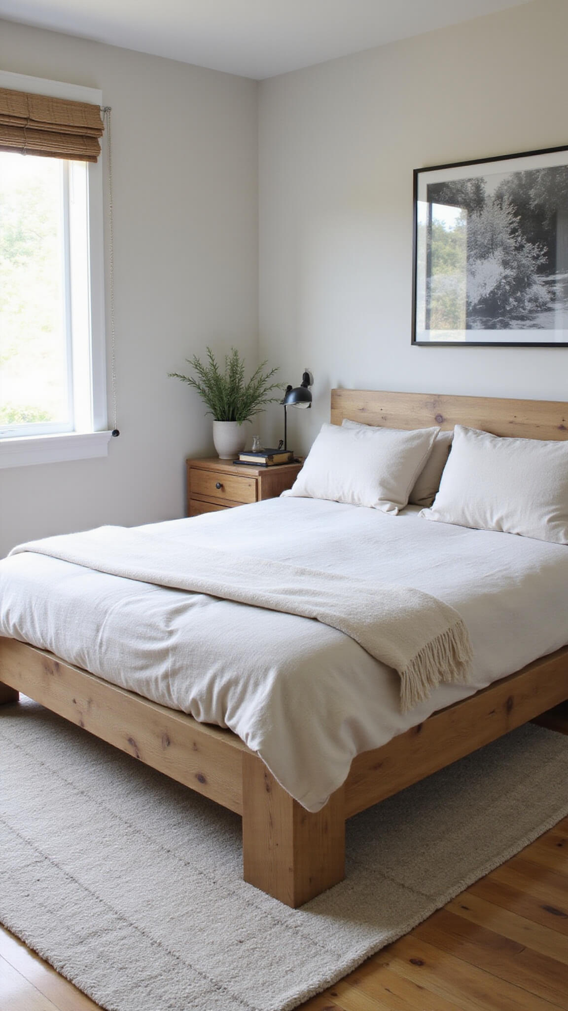 Serene 12x14ft bedroom with floating platform bed of bleached reclaimed pine, layered undyed linen bedding, cream and gray wool rug, bamboo blinds diffusing dawn light, and large black and white nature photo above bed.