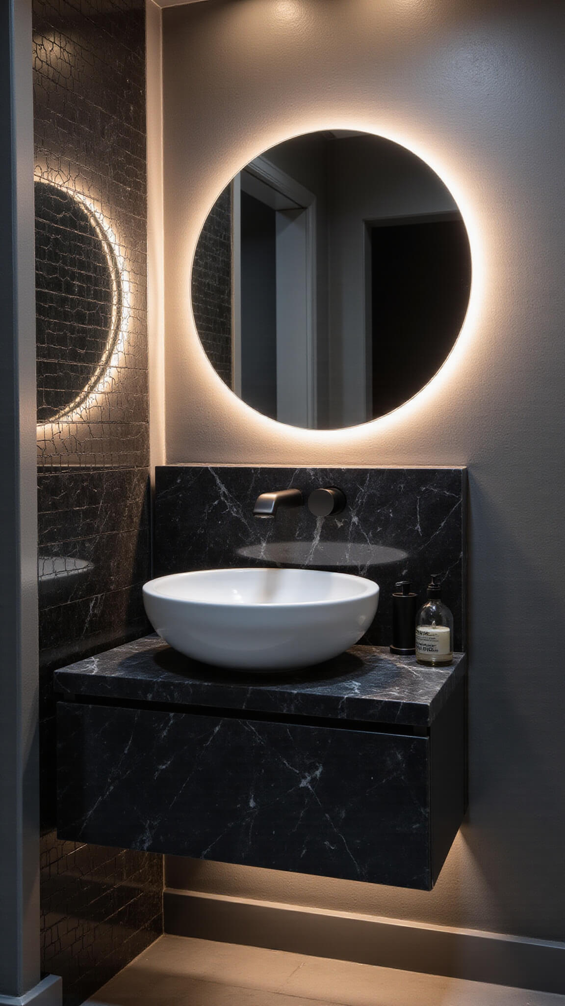 Contemporary powder room with black marble vanity, backlit circular mirror, metallic wallpaper, and moody LED lighting.