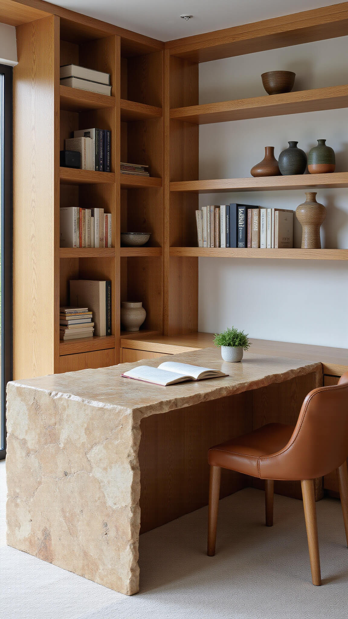 Modern 18x20ft home office with built-in bamboo shelves, limestone desk with organic edges, cognac leather chair, and curated ceramics and books in sharp focus.