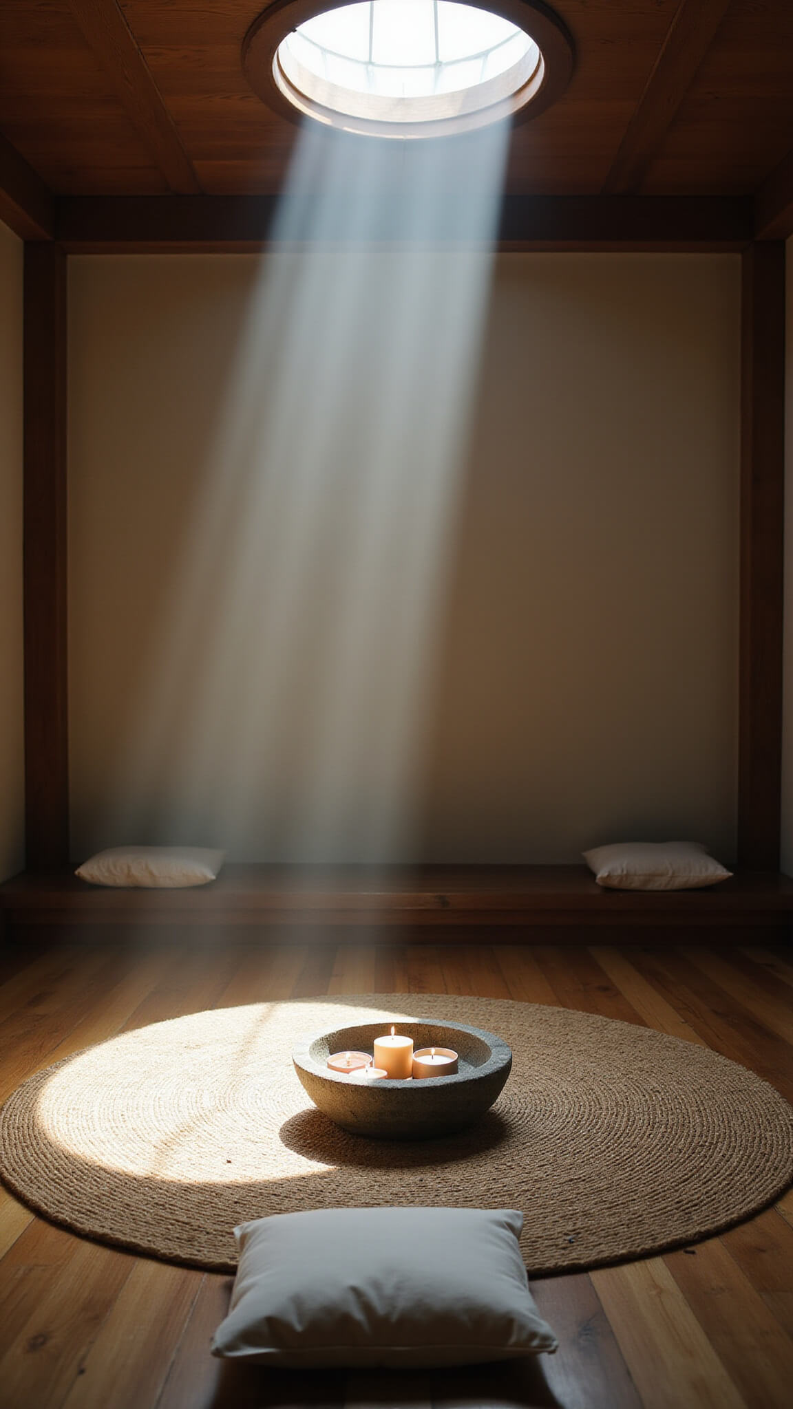 Low-angle view of serene Zen meditation room with round skylight casting soft beam onto jute rug and single silk floor cushion, stone bowl with floating candles nearby.