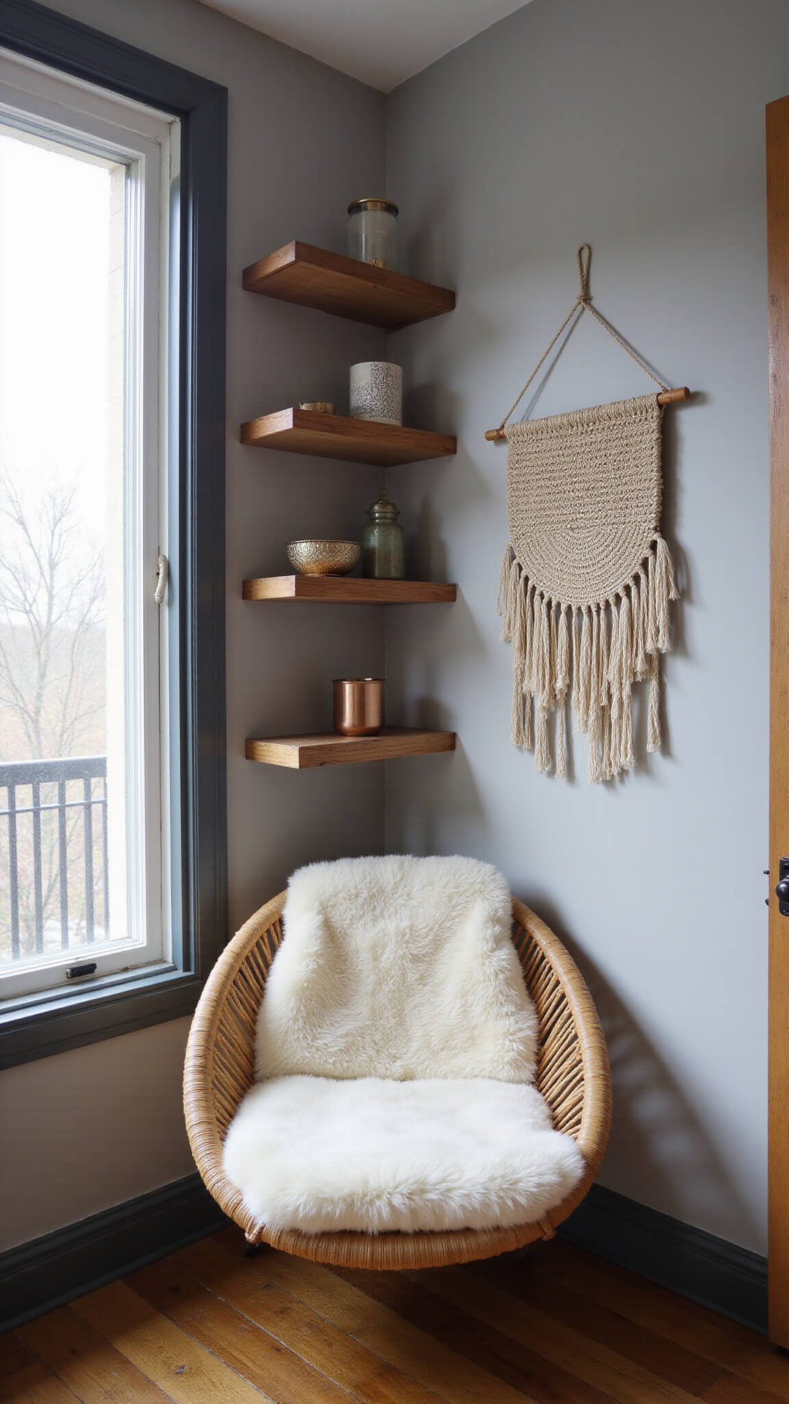 Cozy 8x10ft reading nook with curved wall, oversized rattan hanging chair, sheepskin throw, floating reclaimed wood shelves, vintage glass window at dusk, and neutral handwoven wall hanging.
