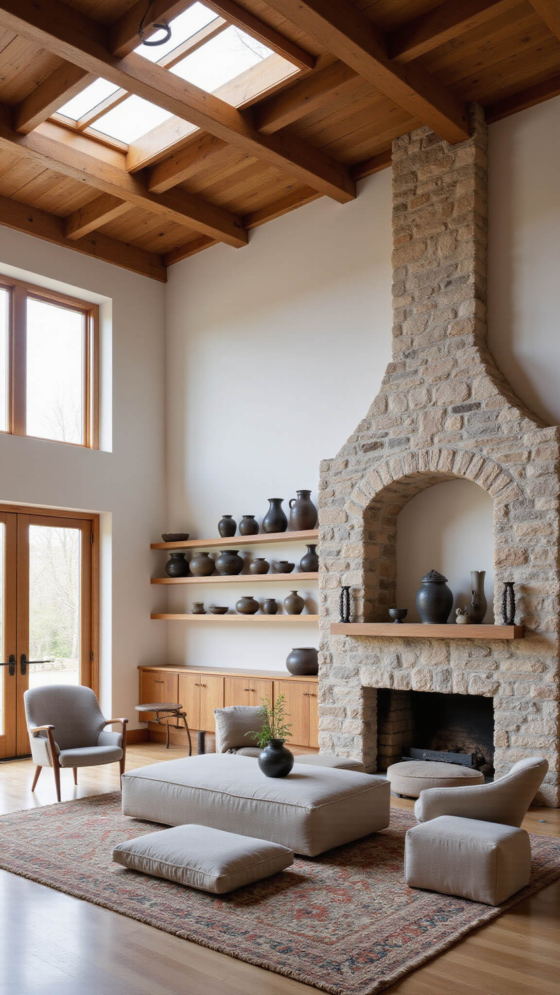Great room with exposed wooden beams, linen modular seating around stone fireplace, abstract wool rug, pottery on oak shelves, and clerestory windows letting in late morning light.