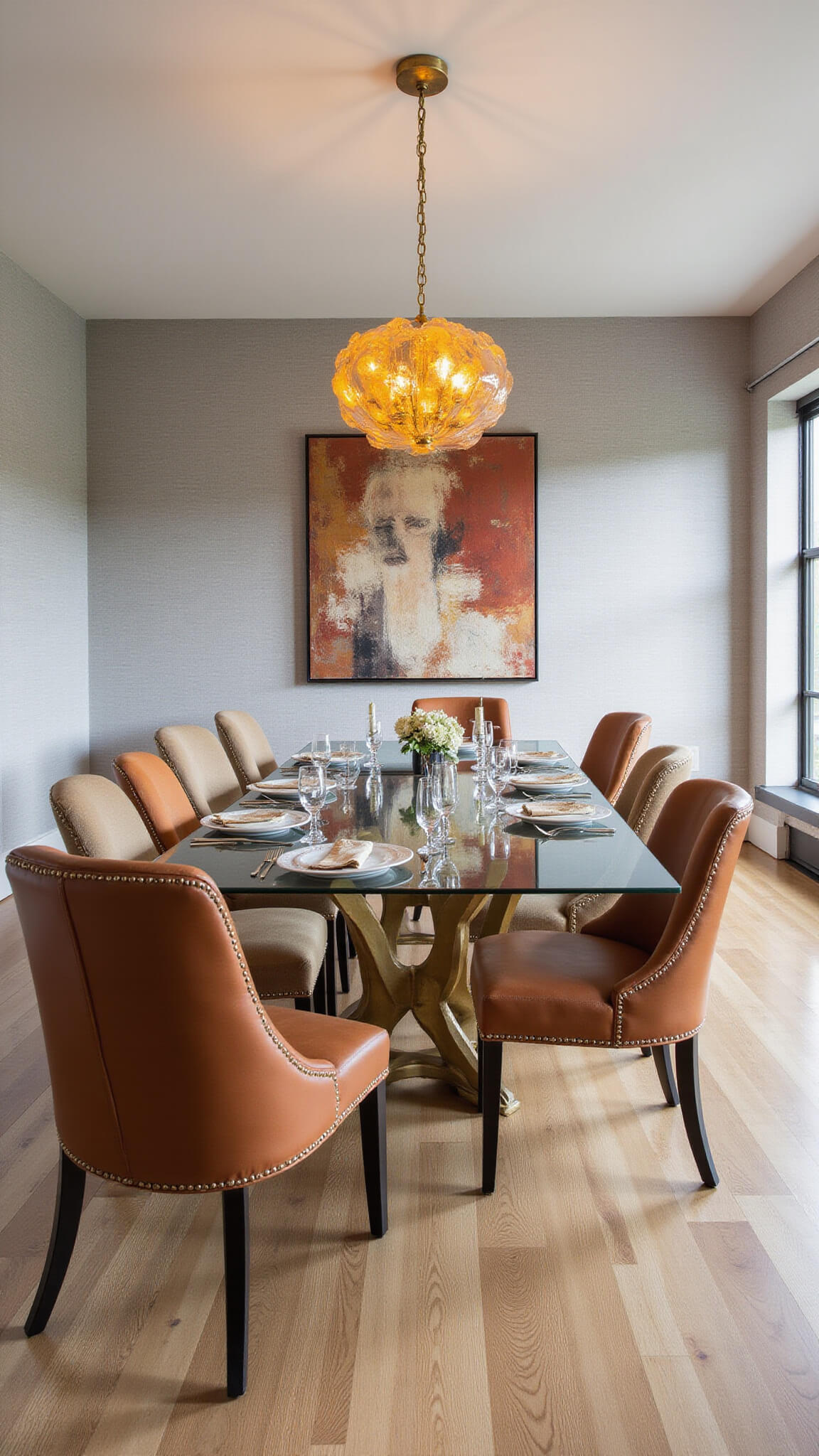 Elegant dining room at golden hour with glass table, mixed-material chairs, abstract art, and vintage brass chandelier on white oak floors.