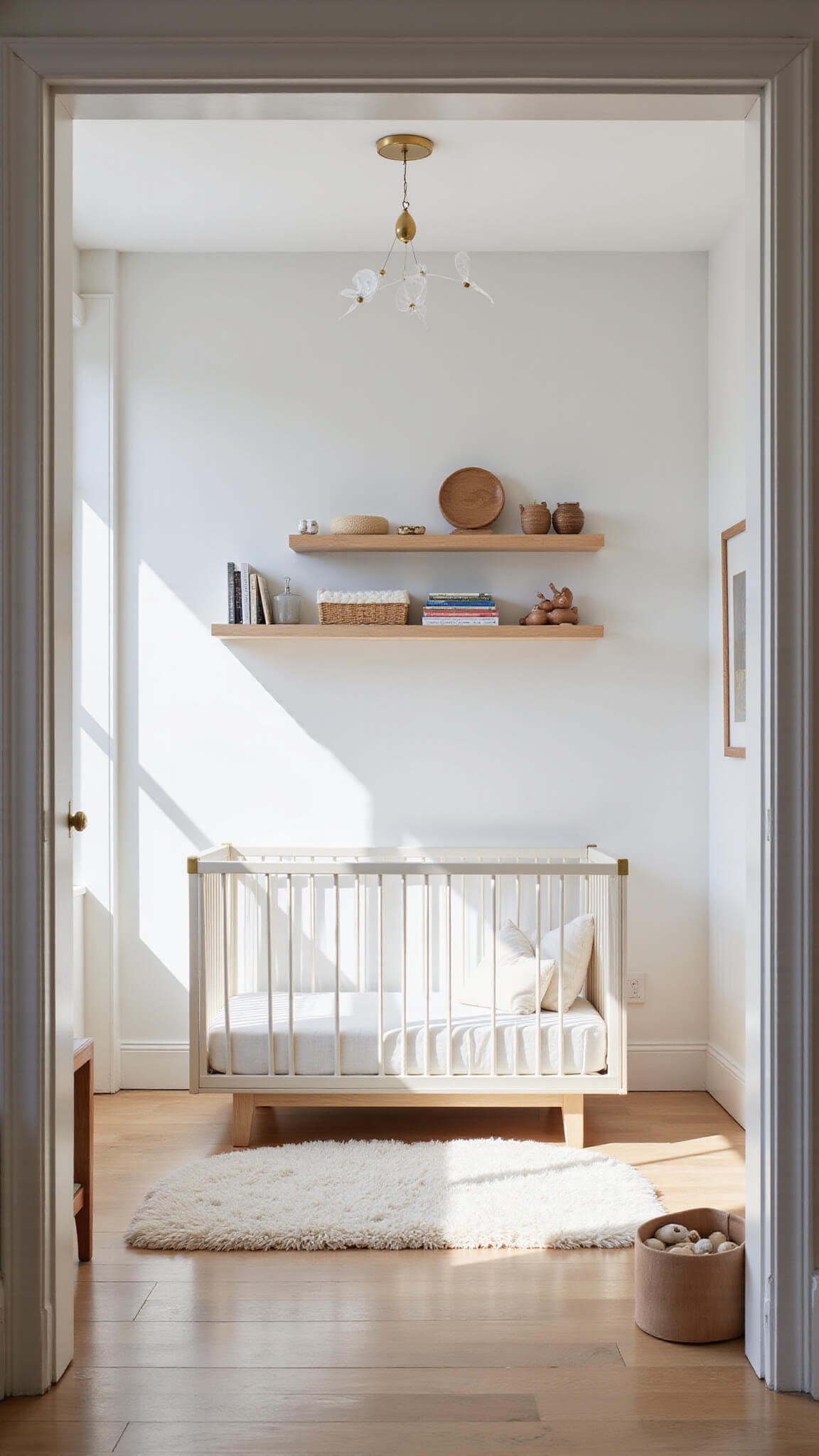 Modern minimalist nursery with white crib, light oak floors, and morning sunlight streaming through floor-to-ceiling windows.