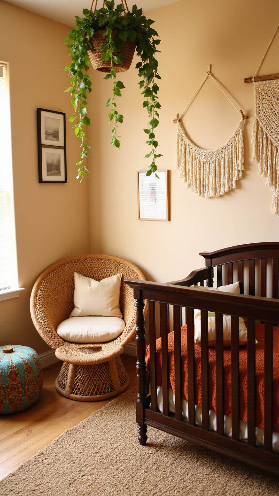 Boho-chic nursery with warm beige walls, rattan chair, rust-colored crib linens, jute rug, and hanging plants, bathed in golden hour light.